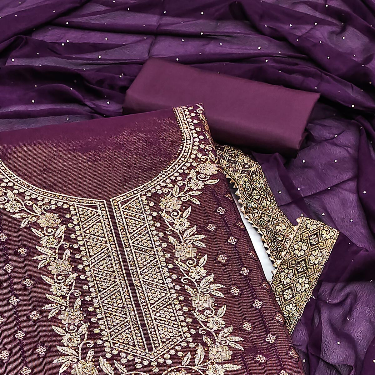 Purple Floral Woven Shimmer Jacquard Dress Material - Image 2