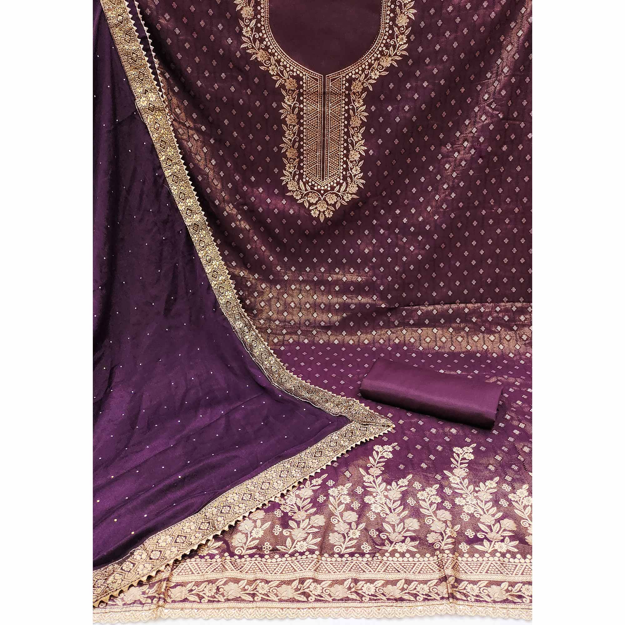 Purple Floral Woven Shimmer Jacquard Dress Material - Image 3