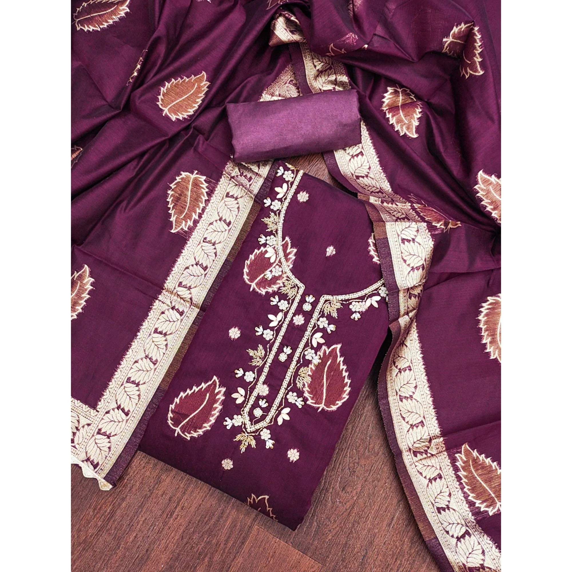 Purple Floral Woven With Handwork Chanderi Banarasi Dress Material - Image 3