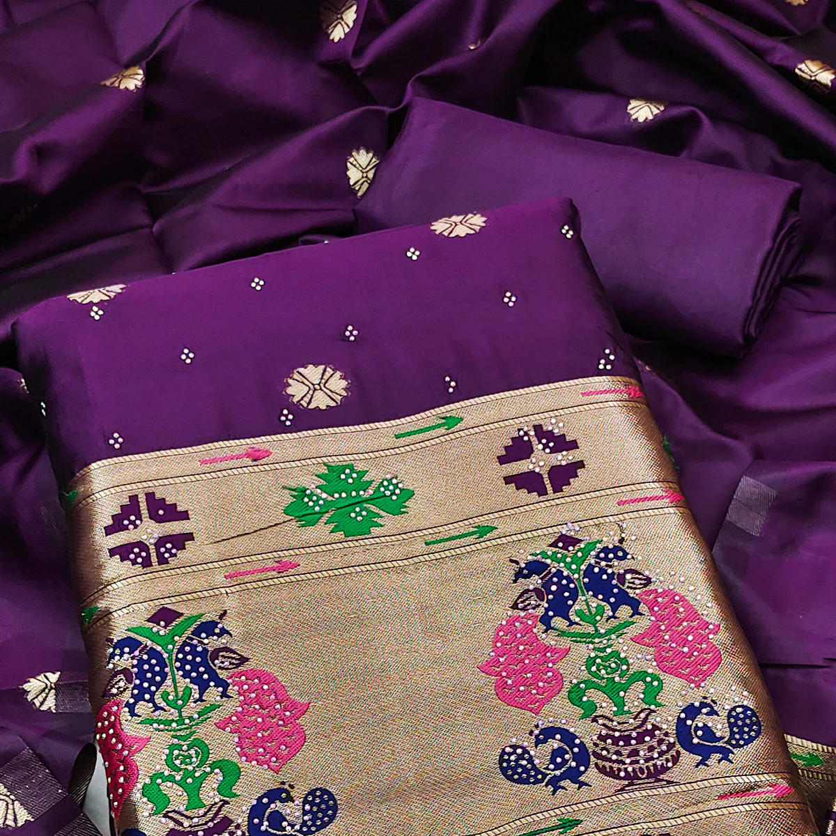 Purple Floral Woven With Swarovski Work Banarasi Silk Dress Material - Image 2