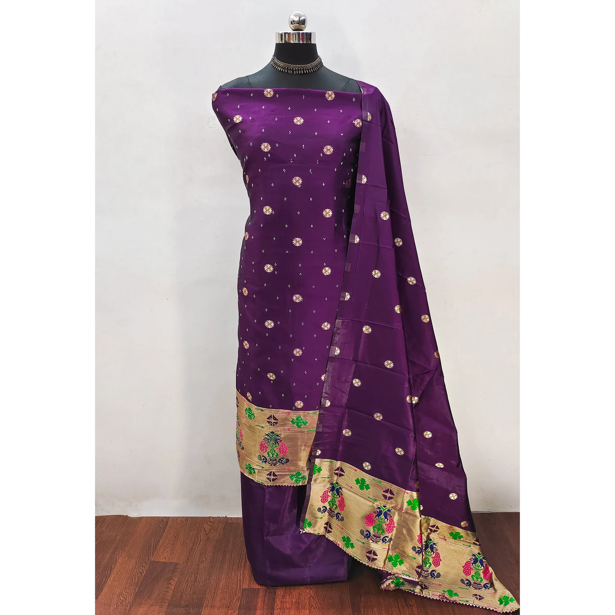 Purple Floral Woven With Swarovski Work Banarasi Silk Dress Material - Image 3