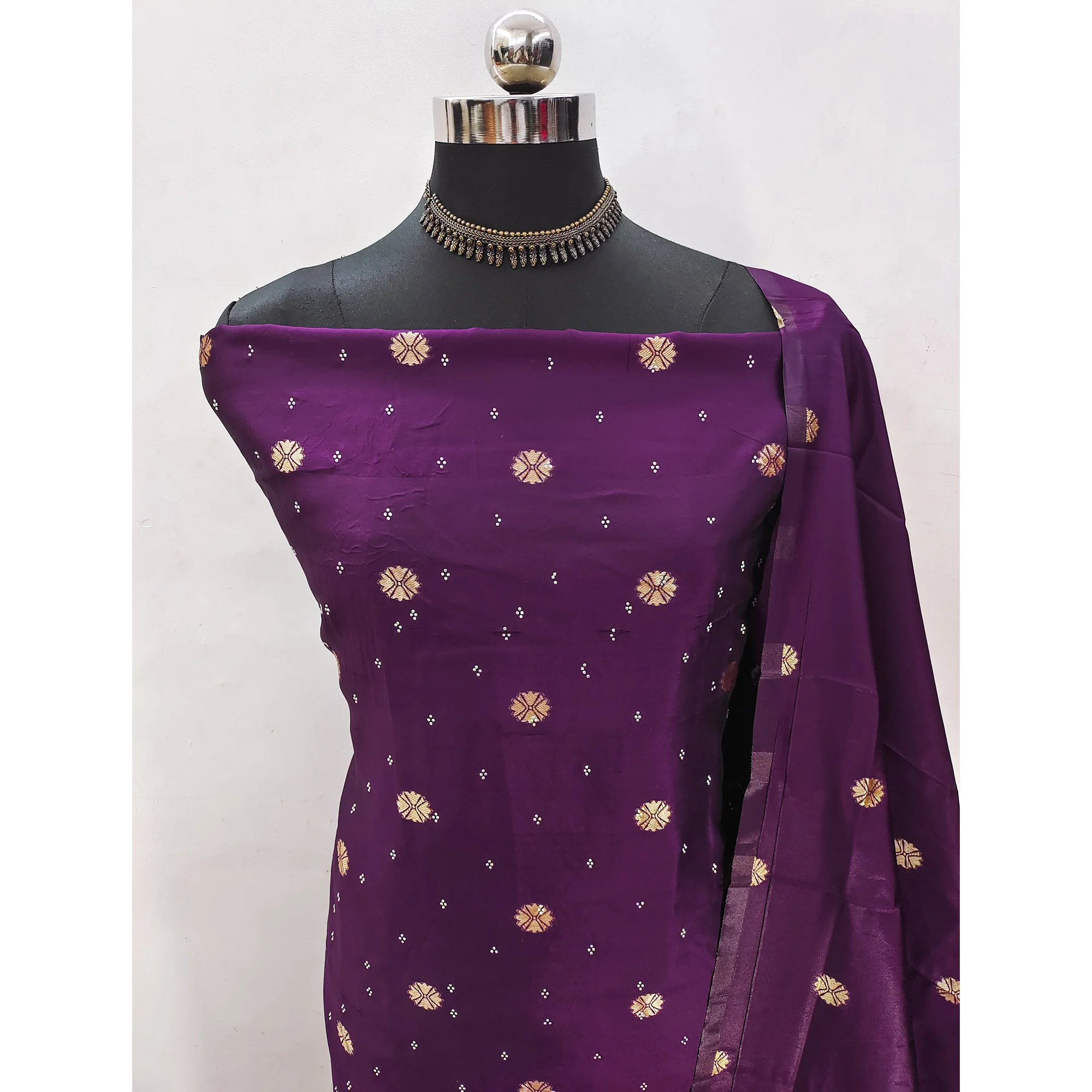 Purple Floral Woven With Swarovski Work Banarasi Silk Dress Material - Image 4