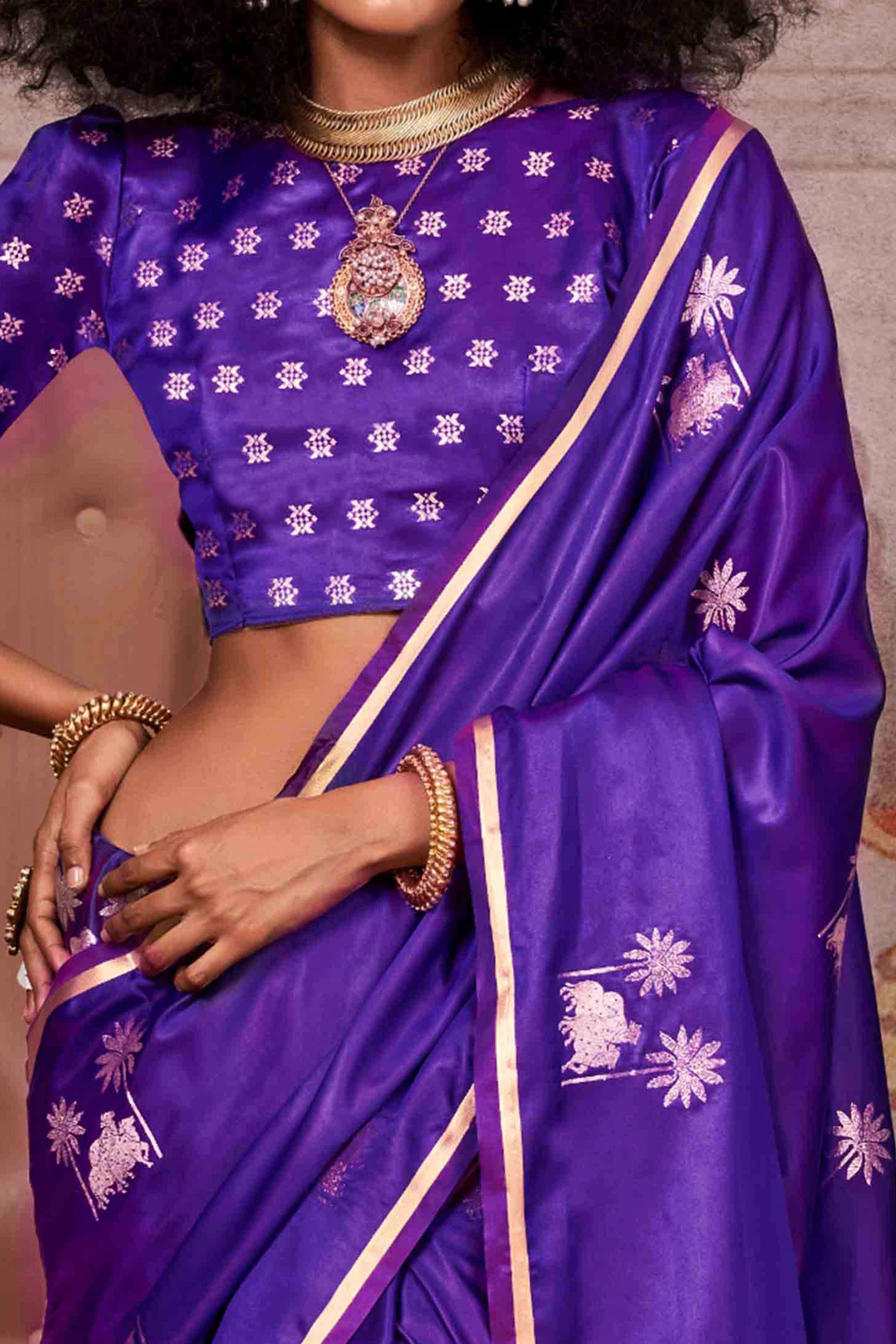 Purple Floral Zari Weaving Satin Saree - Image 2