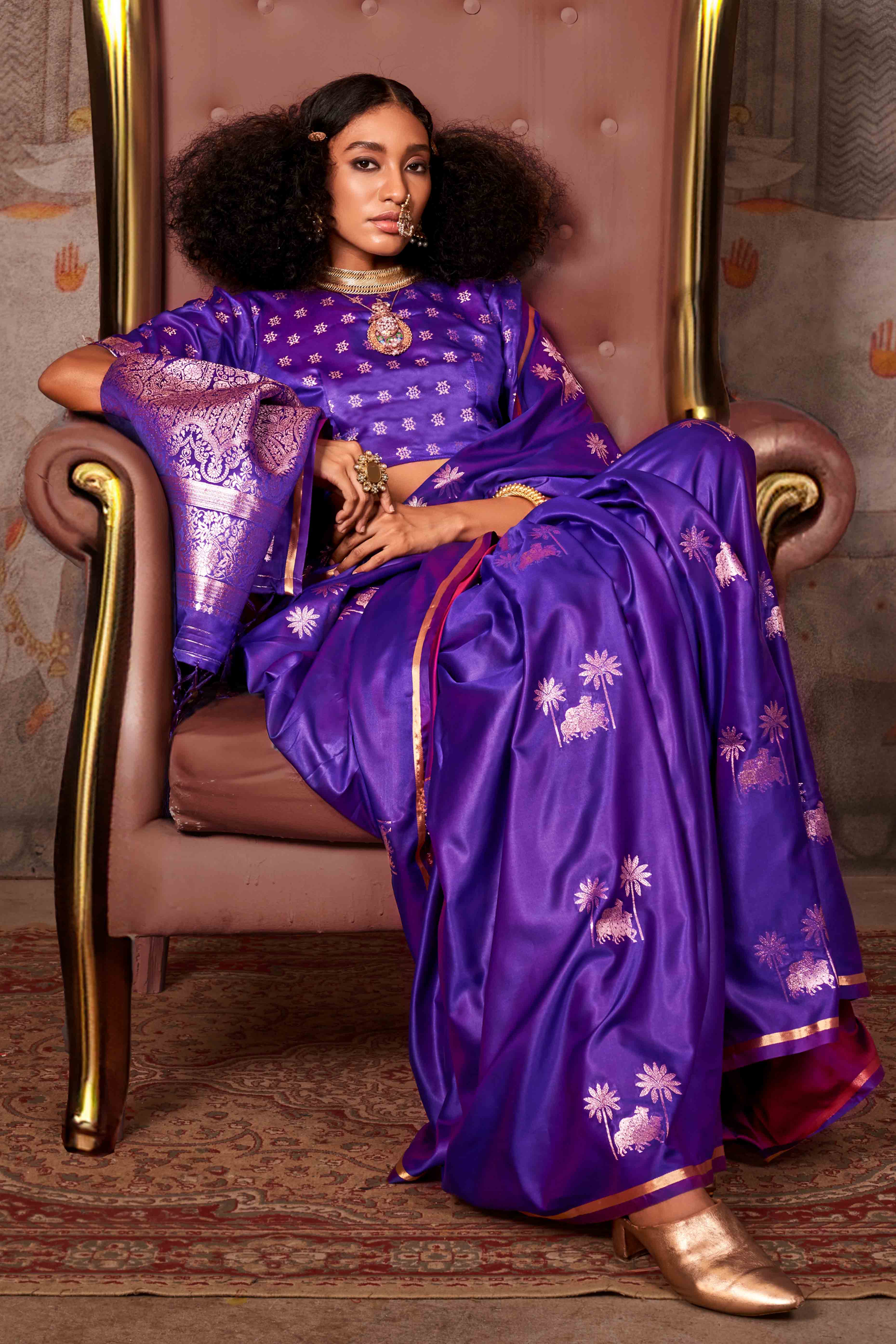 Purple Floral Zari Weaving Satin Saree - Image 3