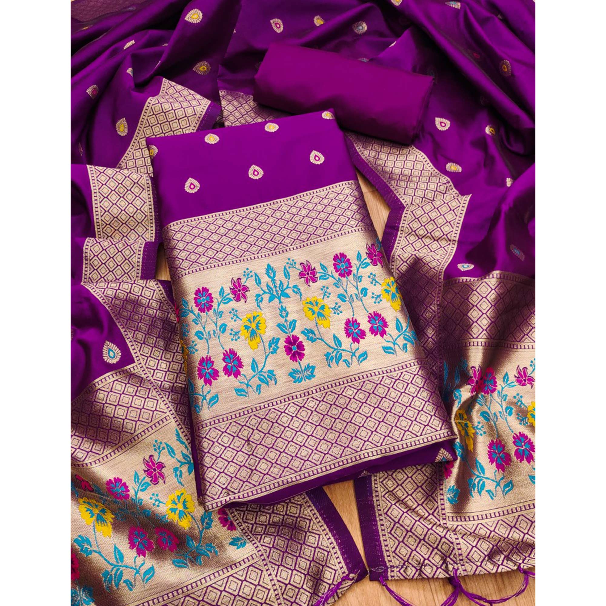Purple Floral Zari Woven Banarasi Silk Dress Material - Image 3