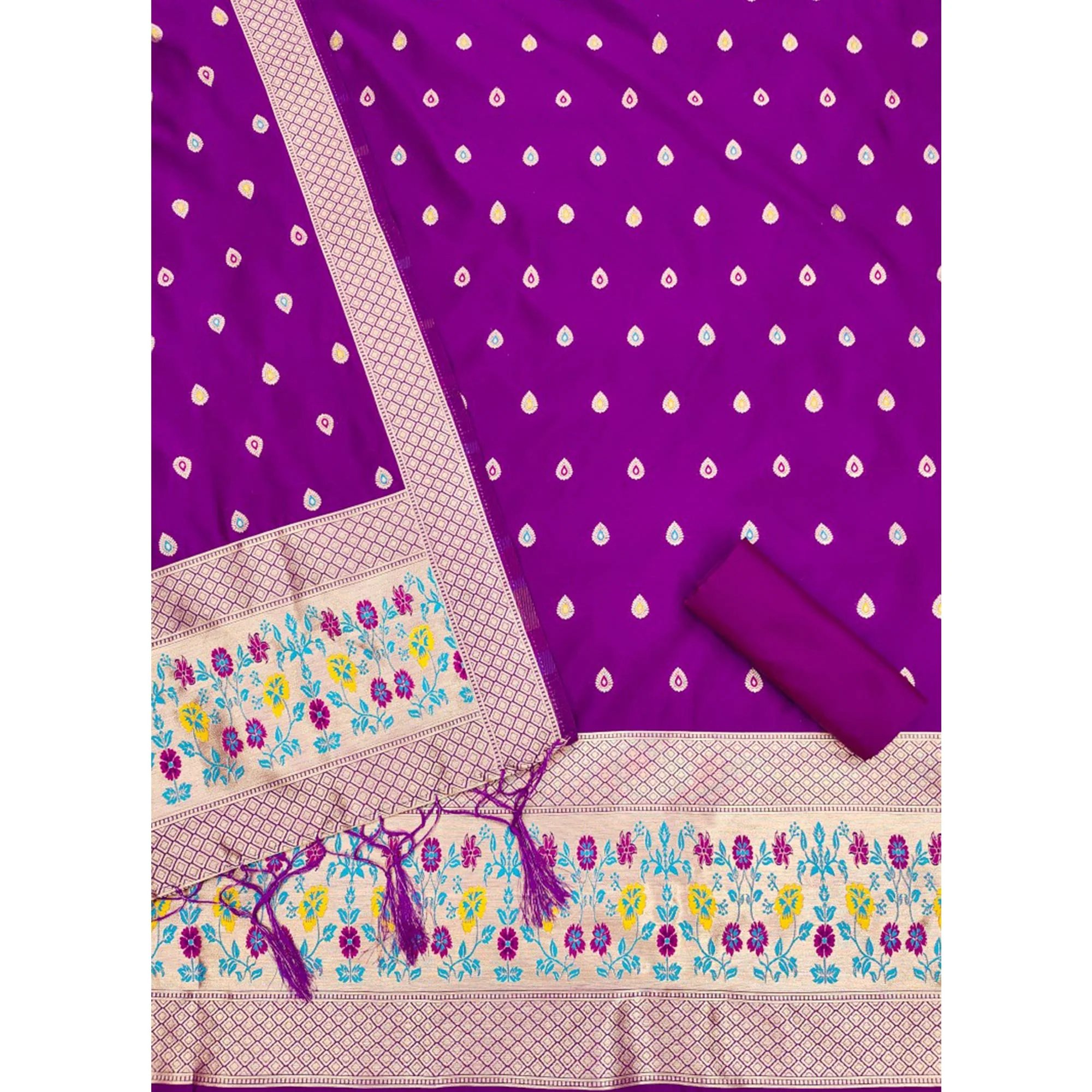 Purple Floral Zari Woven Banarasi Silk Dress Material - Image 4