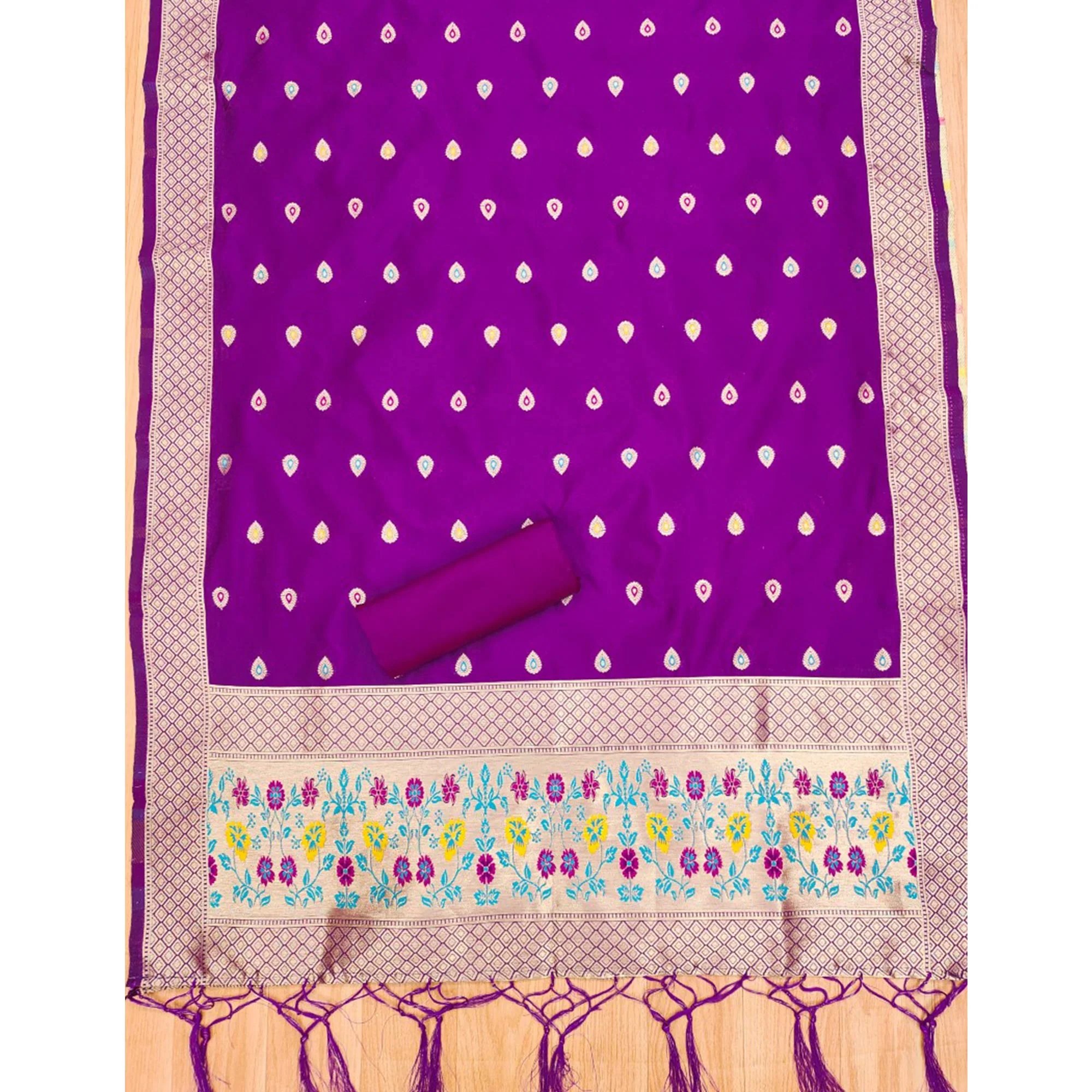 Purple Floral Zari Woven Banarasi Silk Dress Material - Image 5