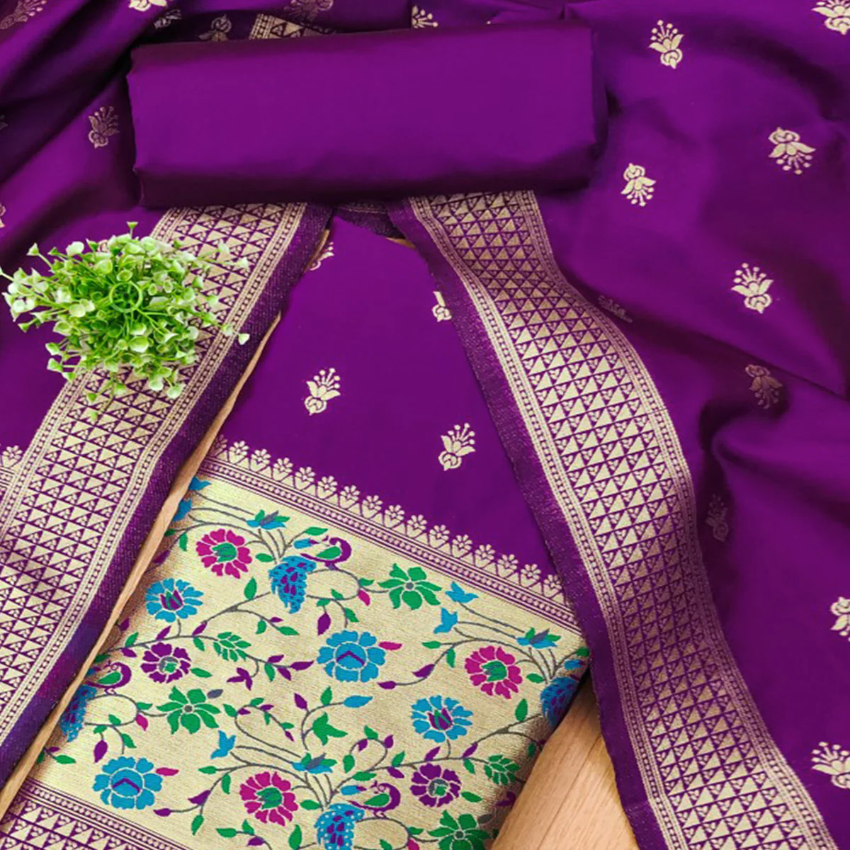 Purple Floral Zari Woven Banarasi Silk Dress Material - Image 2