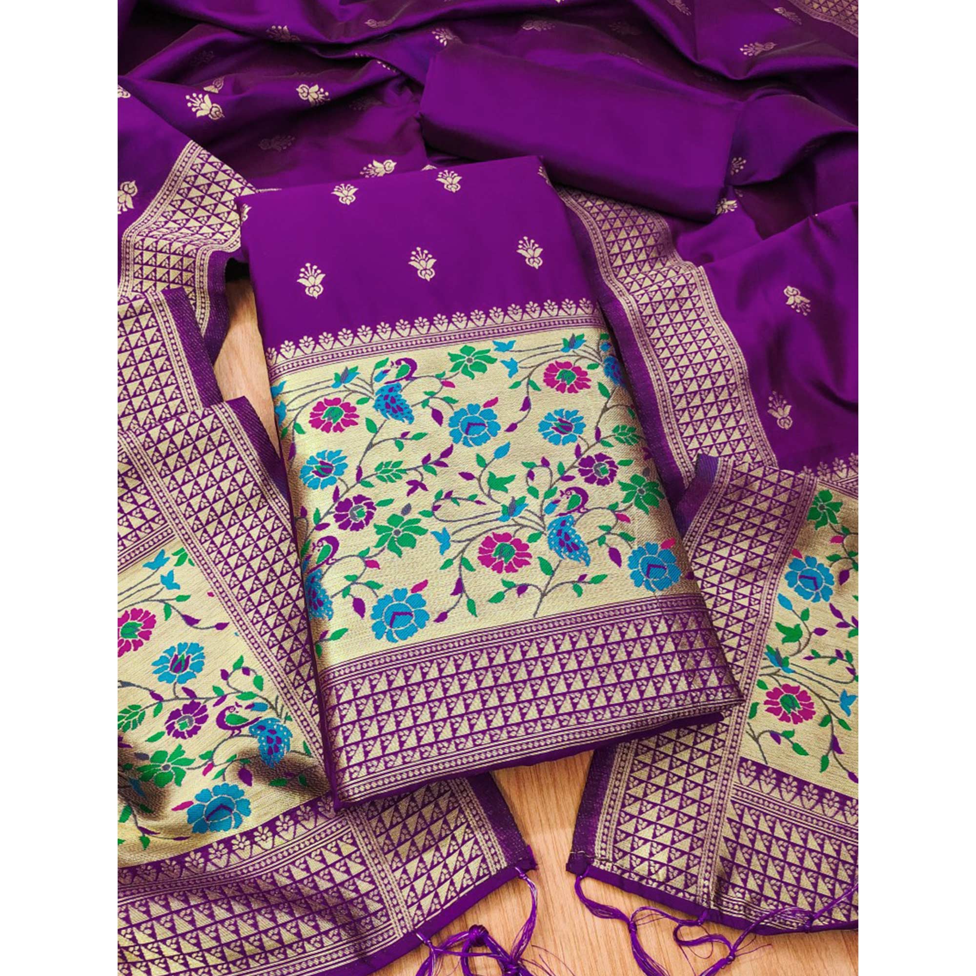 Purple Floral Zari Woven Banarasi Silk Dress Material - Image 3
