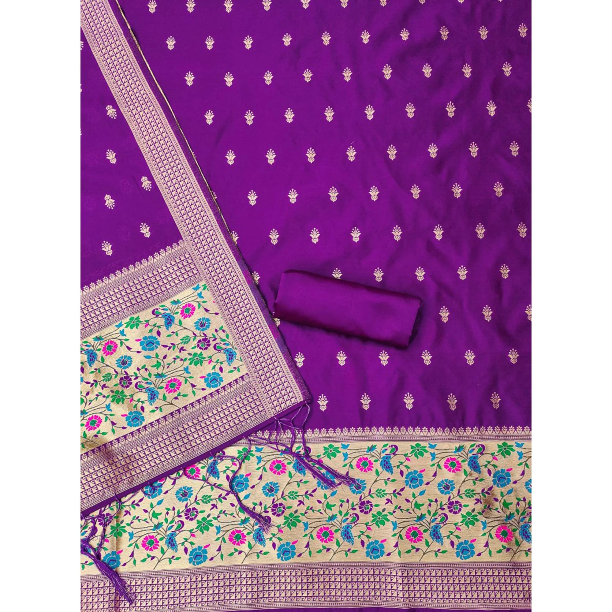 Purple Floral Zari Woven Banarasi Silk Dress Material - Image 4