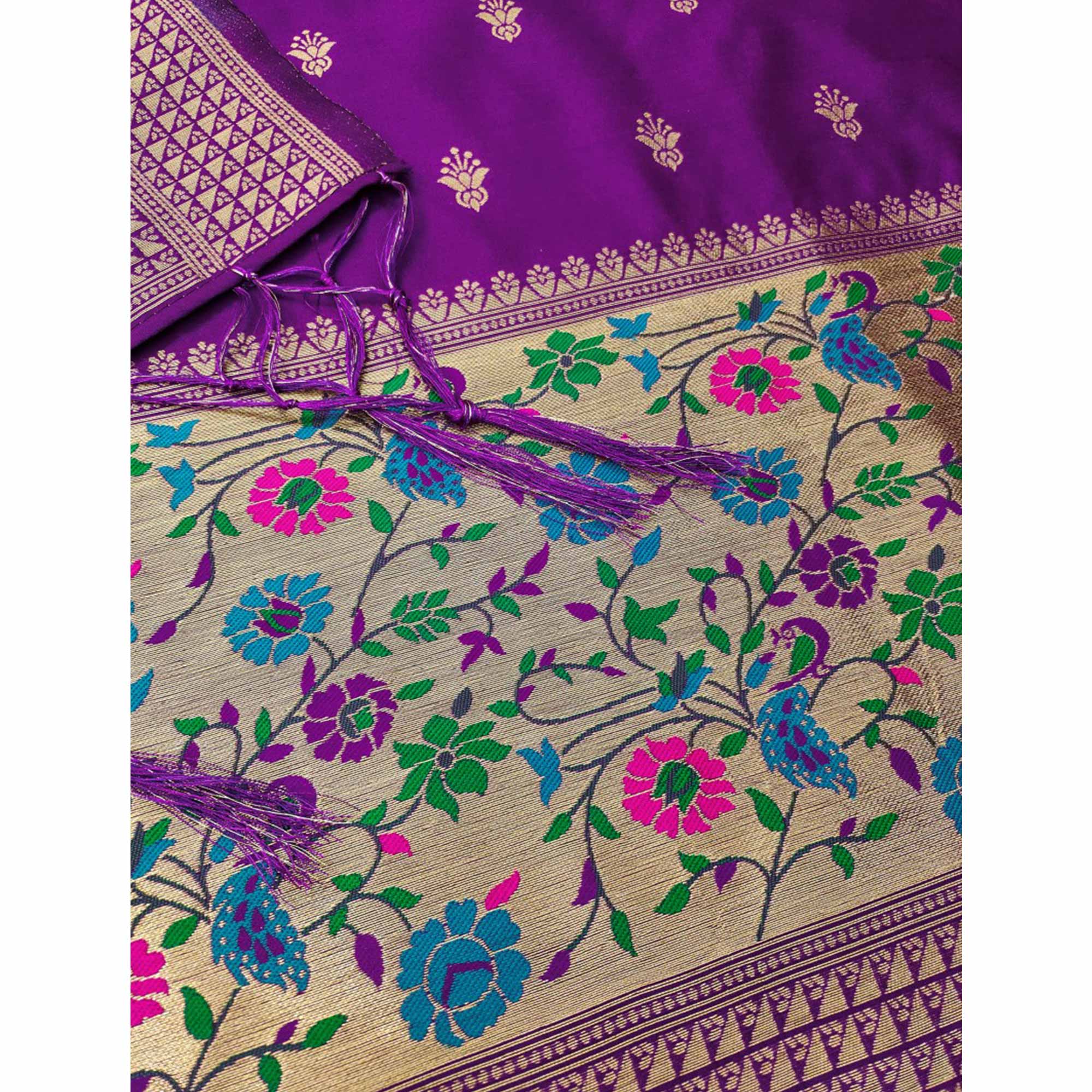 Purple Floral Zari Woven Banarasi Silk Dress Material - Image 5
