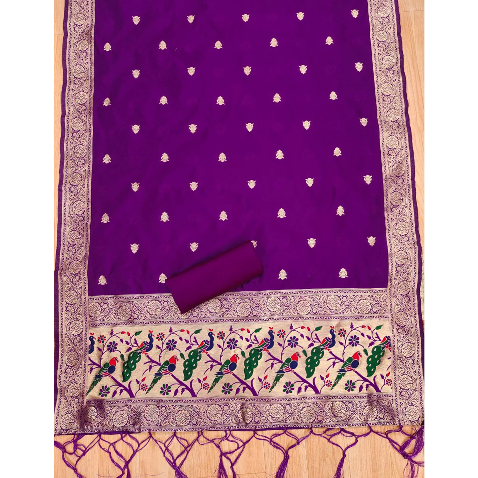 Purple Floral Zari Woven Banarasi Silk Dress Material - Image 5