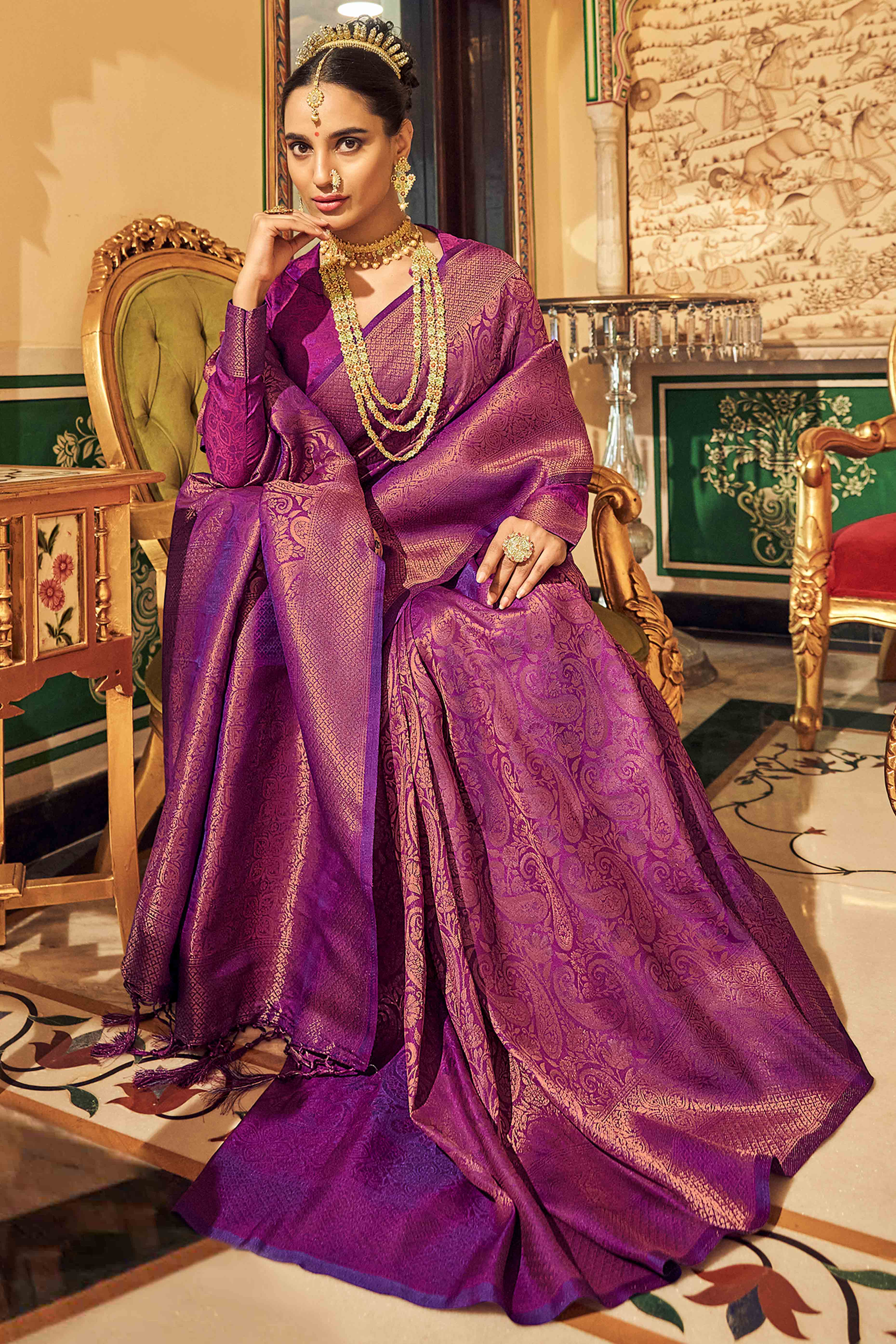 Purple Floral Zari Woven Kanjivaram SIlk Saree - Image 3