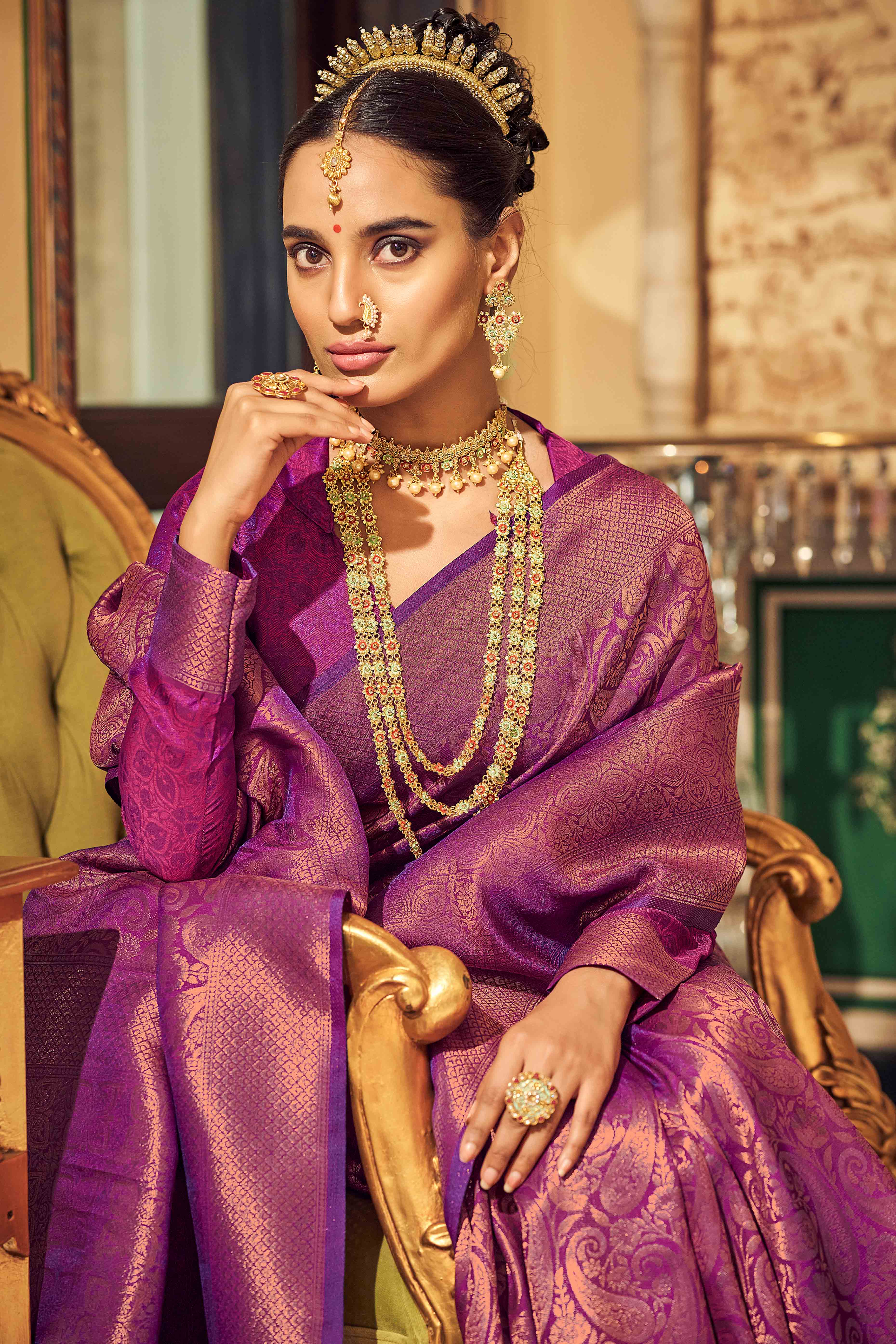 Purple Floral Zari Woven Kanjivaram SIlk Saree - Image 4