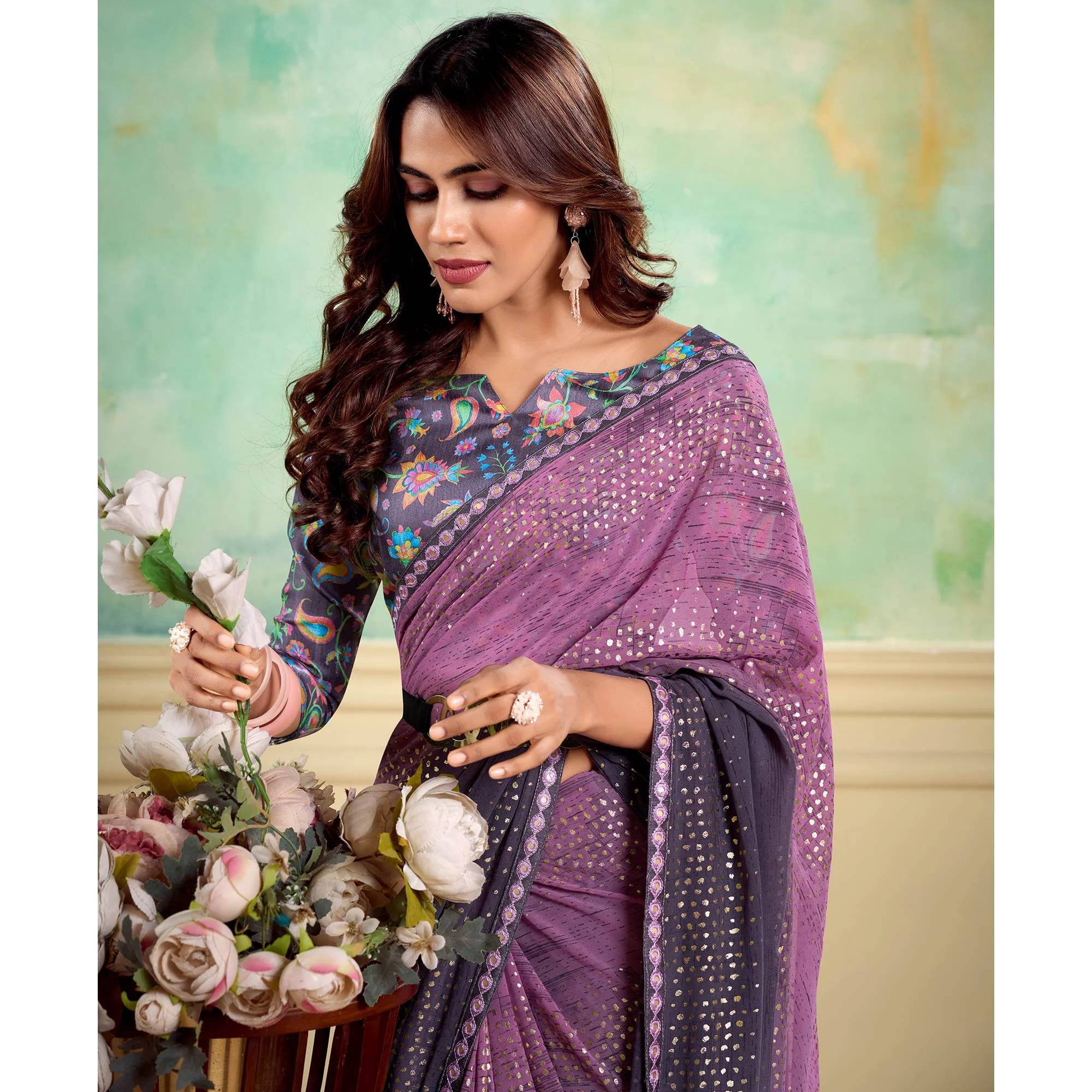 Purple Foil Printed With Sequin Georgette Saree - Image 5