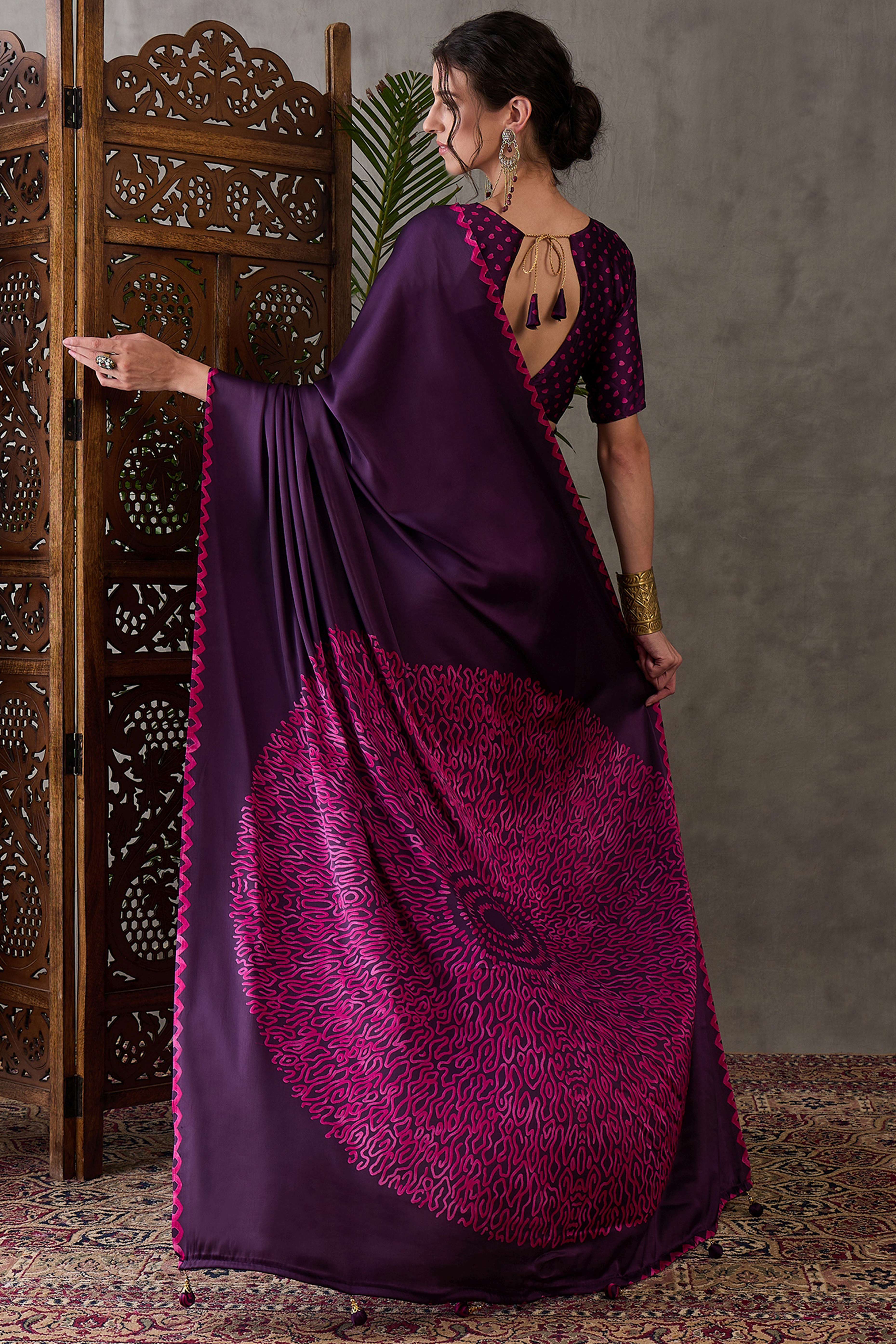 Purple Free Style Printed Modal Satin Party Wear Saree with a Smooth Satin Drape - Image 5
