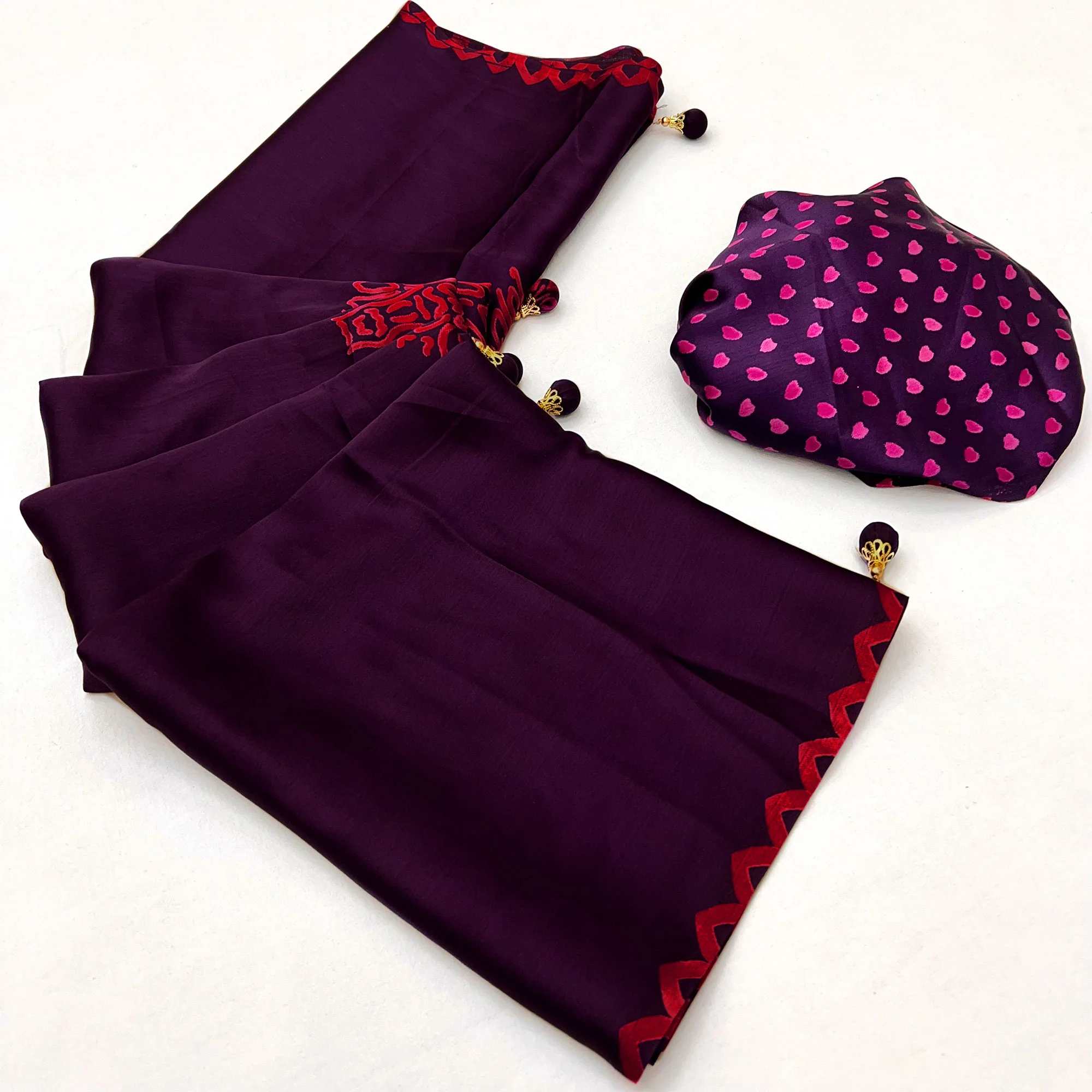 Purple Free Style Printed Modal Satin Party Wear Saree with a Smooth Satin Drape - Image 7