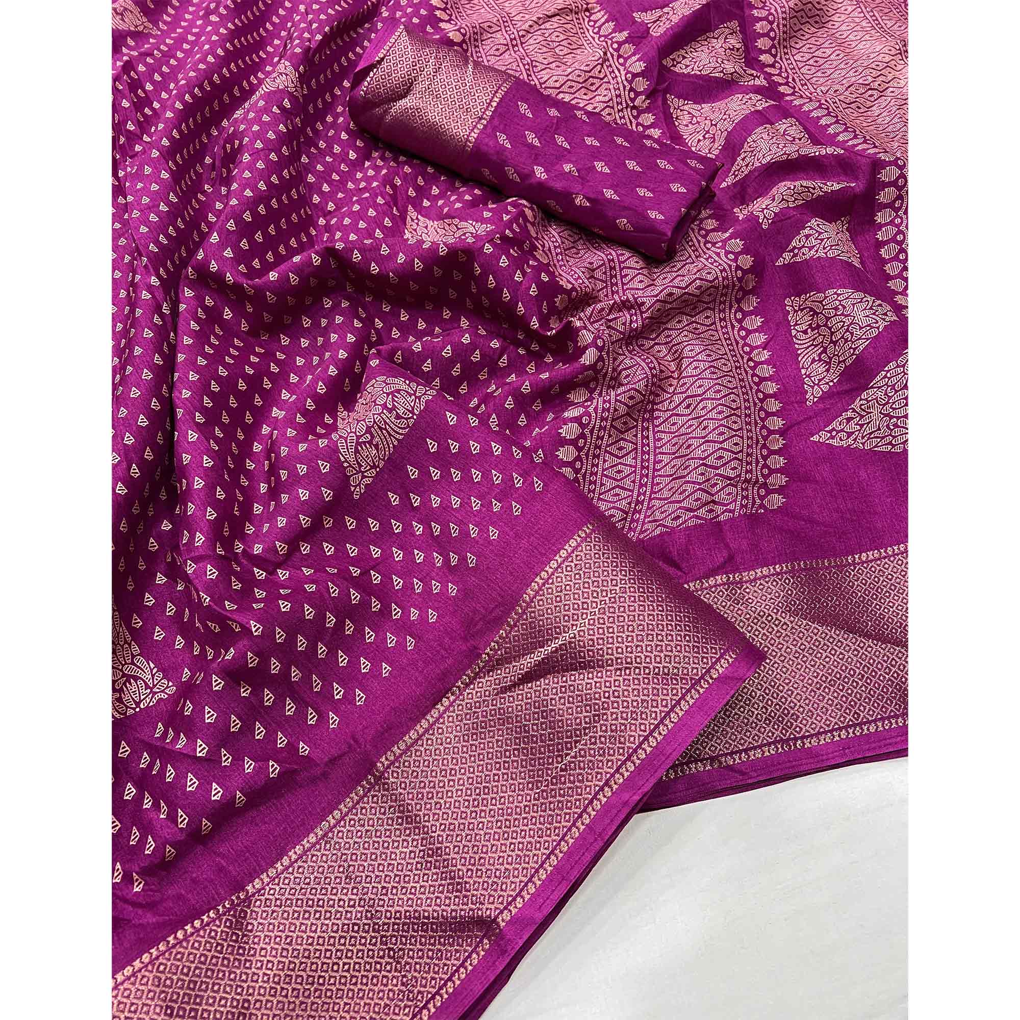 Purple Geometric Printed Dola Silk Saree With Zari Border - Image 3