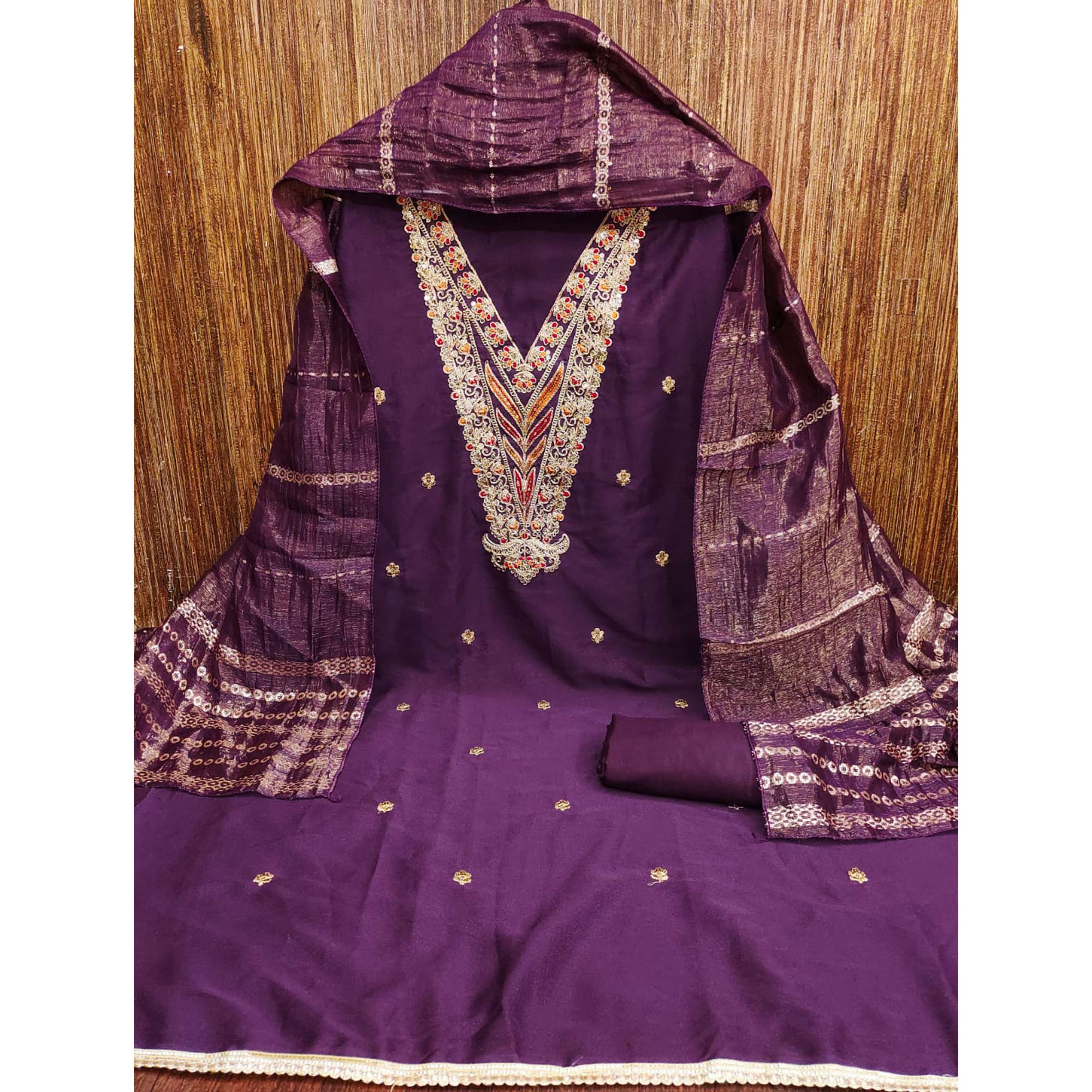 Purple Georgette Dress Material Embellished With Floral Cording Embroidery & Sequin Accents - Image 4