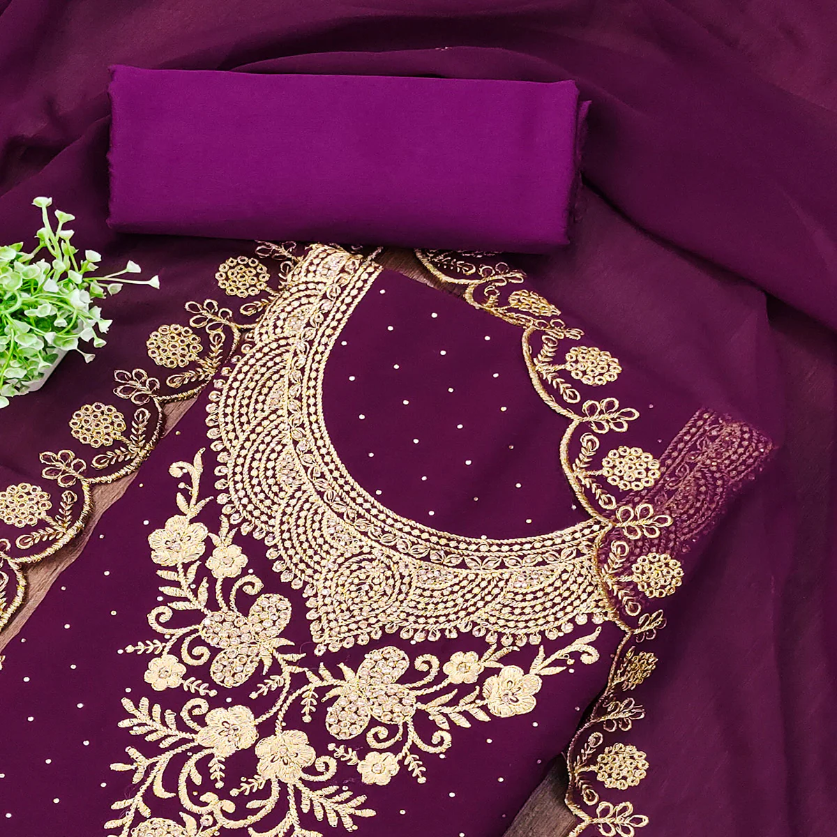 Purple Georgette Dress Material With Intricate Thread And Stone Work Embroidery - Image 2