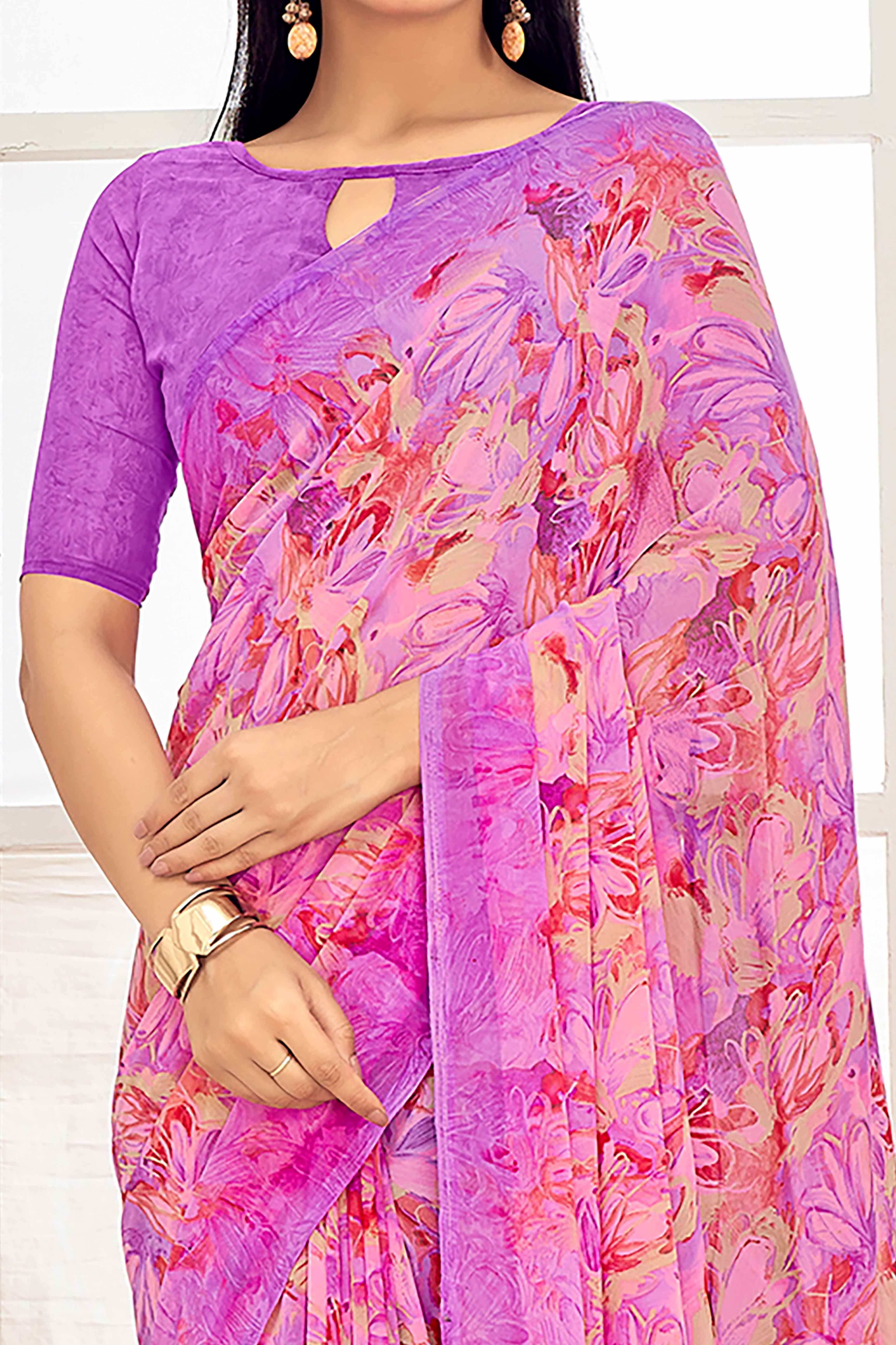 Purple Georgette Saree With Delicate Floral Print - Image 2