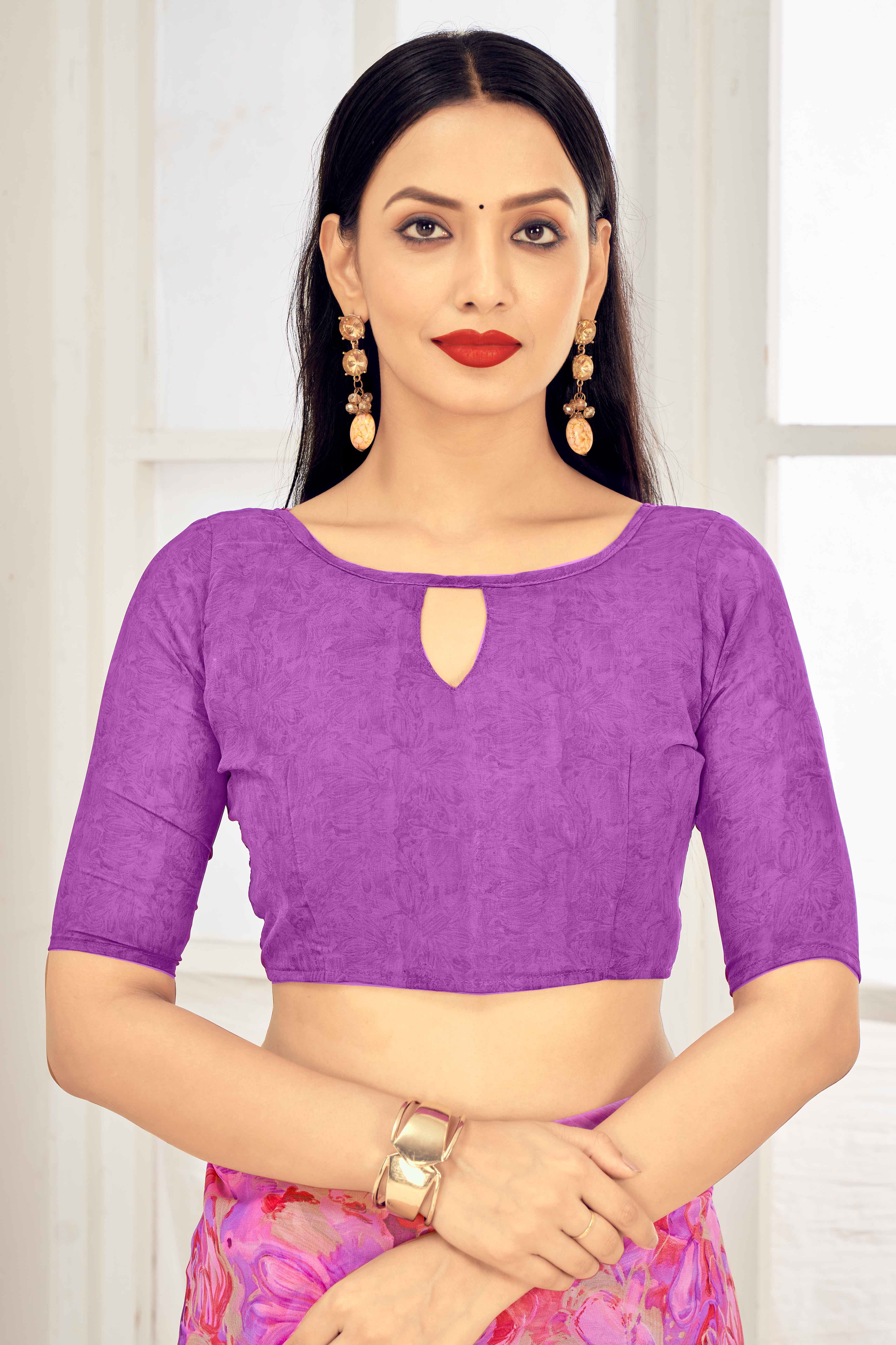 Purple Georgette Saree With Delicate Floral Print - Image 3
