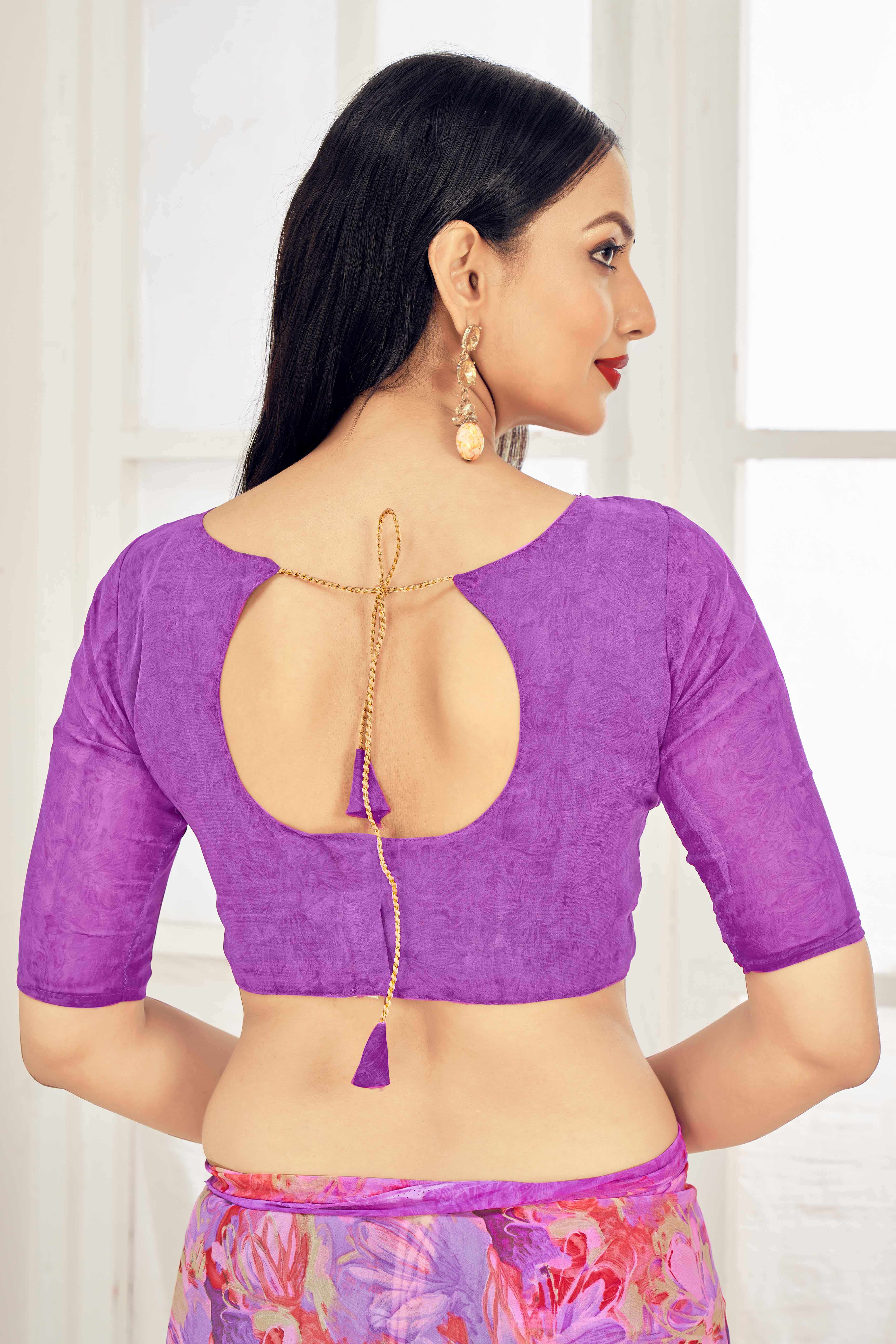 Purple Georgette Saree With Delicate Floral Print - Image 4