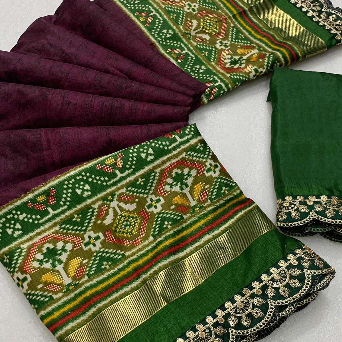 Purple & Green Ikkat Foil Printed Silk Saree With Sequins Embroidery Border - Image 2