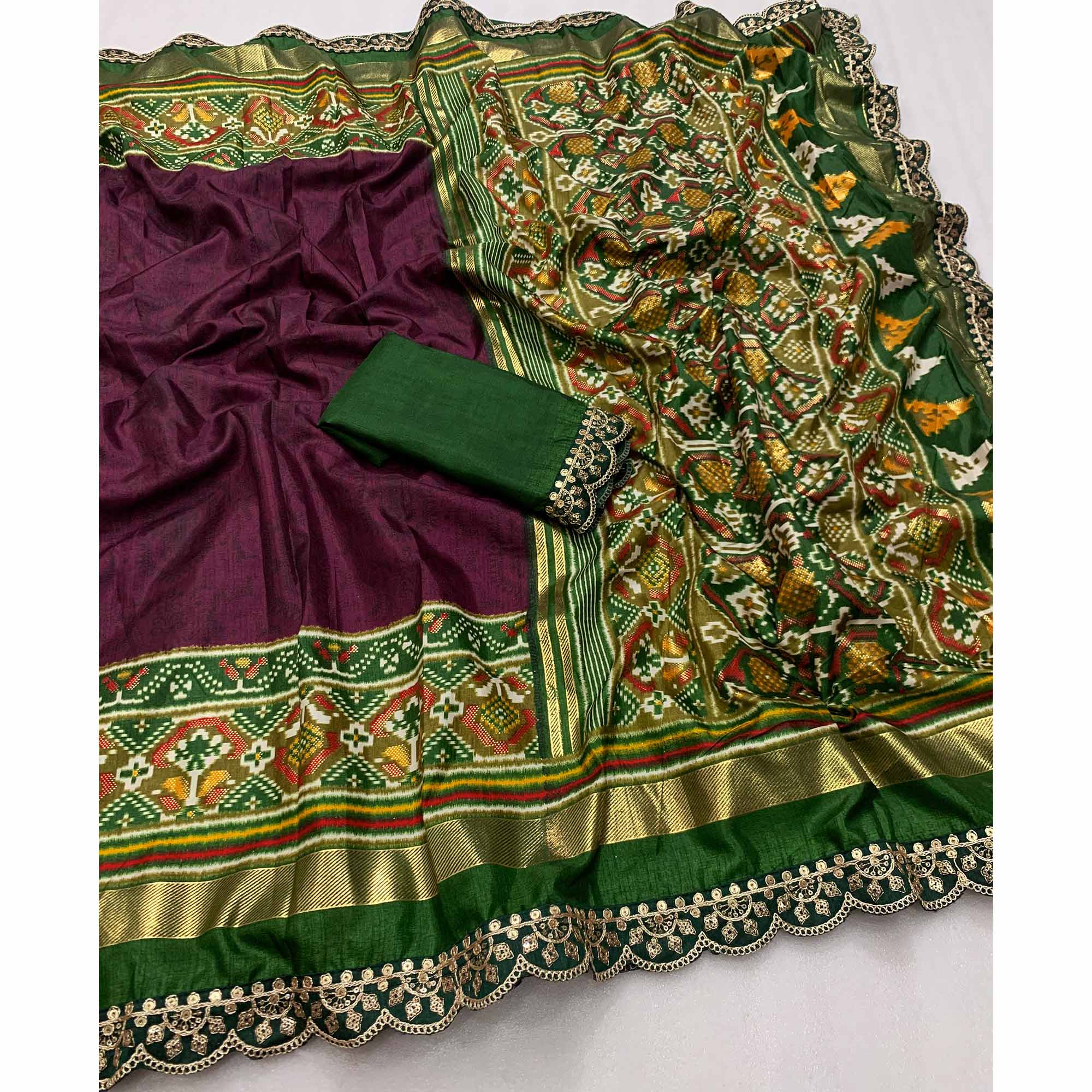 Purple & Green Ikkat Foil Printed Silk Saree With Sequins Embroidery Border - Image 3