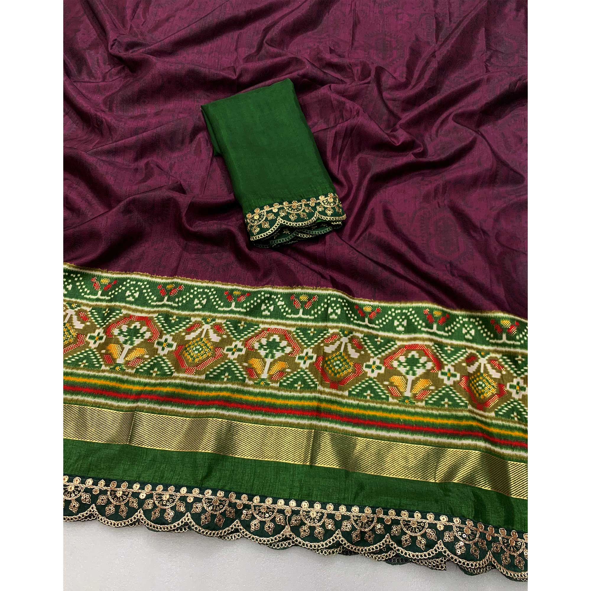 Purple & Green Ikkat Foil Printed Silk Saree With Sequins Embroidery Border - Image 4
