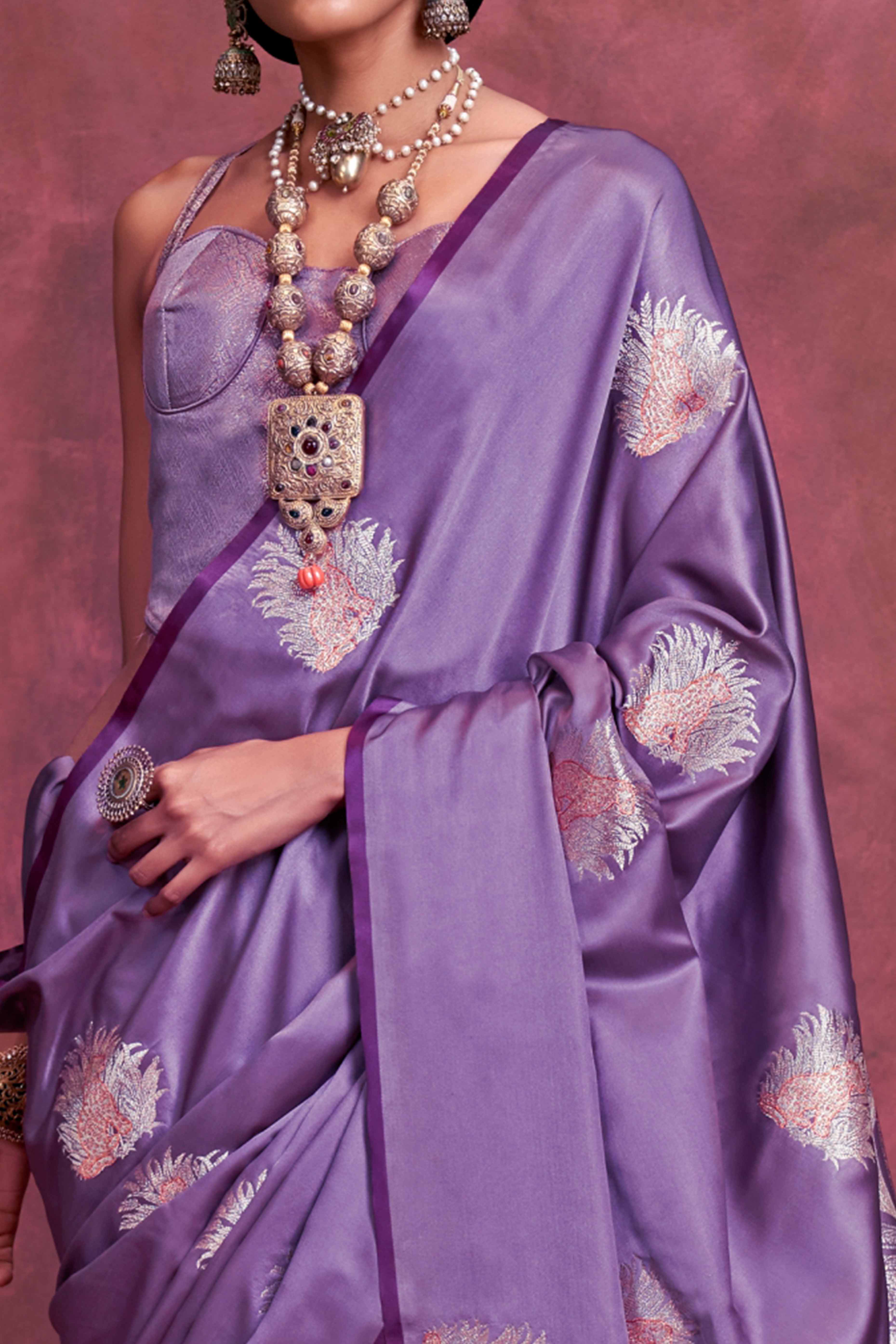 Purple Handloom Weaving Satin Saree - Image 2