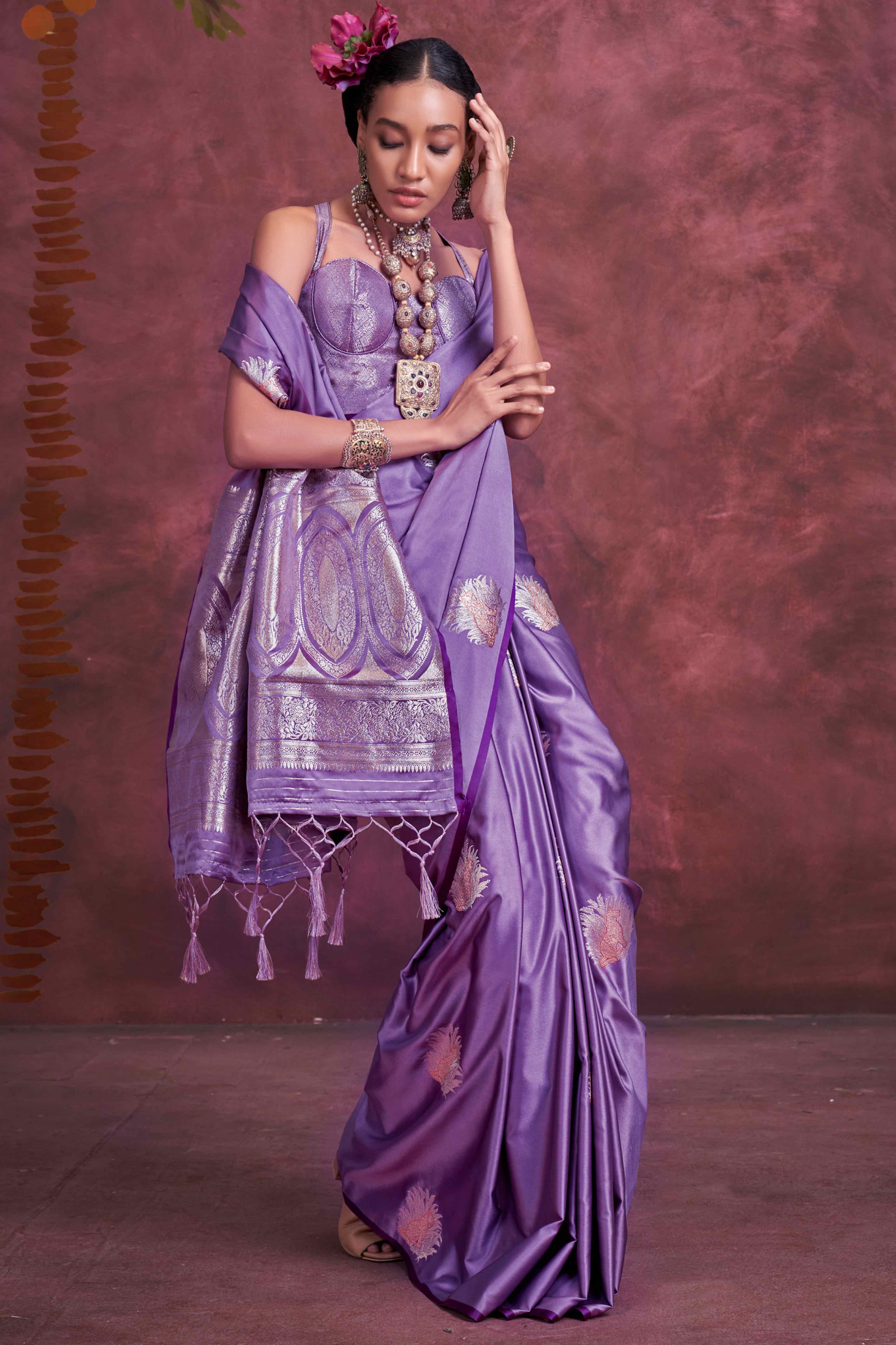 Purple Handloom Weaving Satin Saree - Image 3