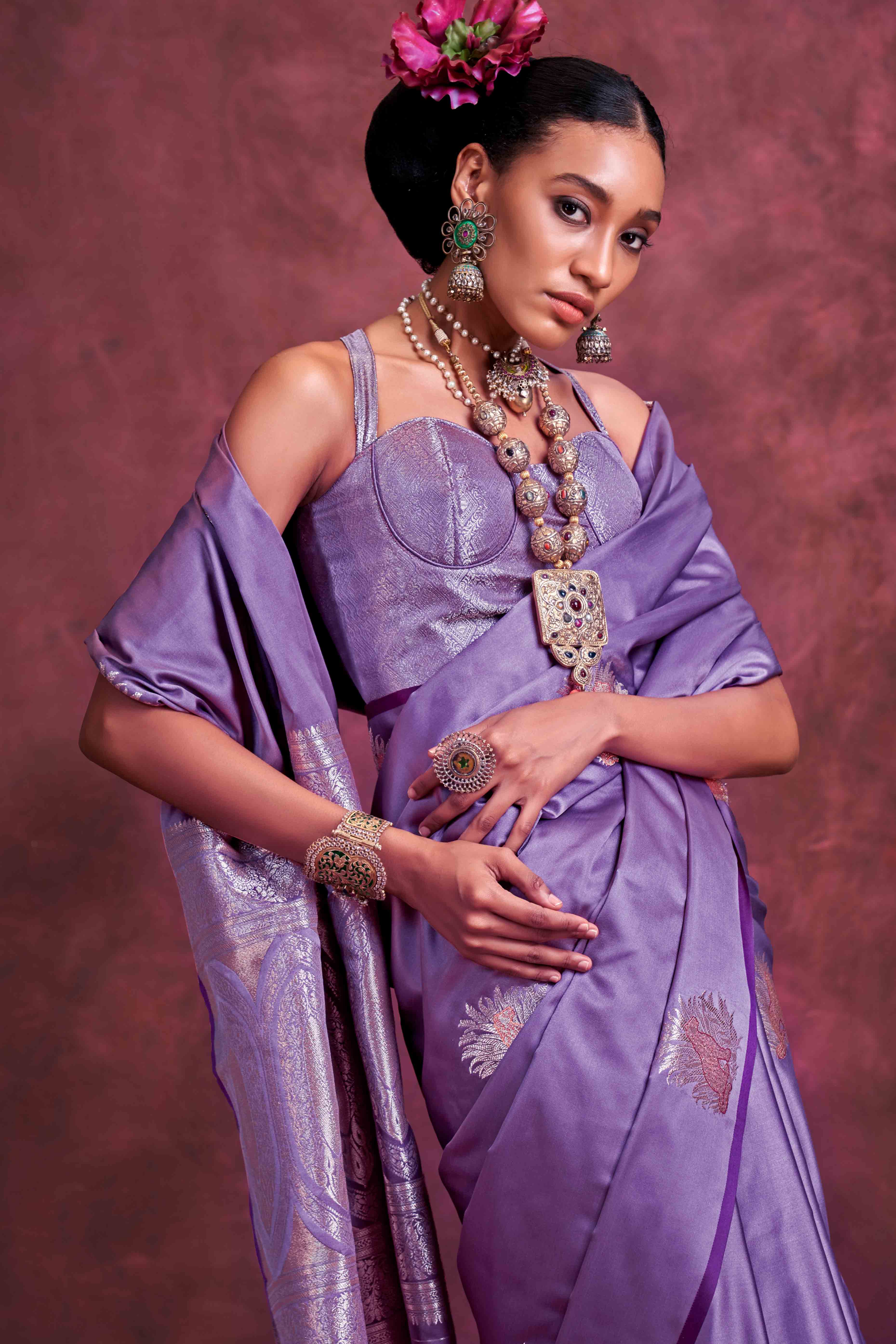 Purple Handloom Weaving Satin Saree - Image 4