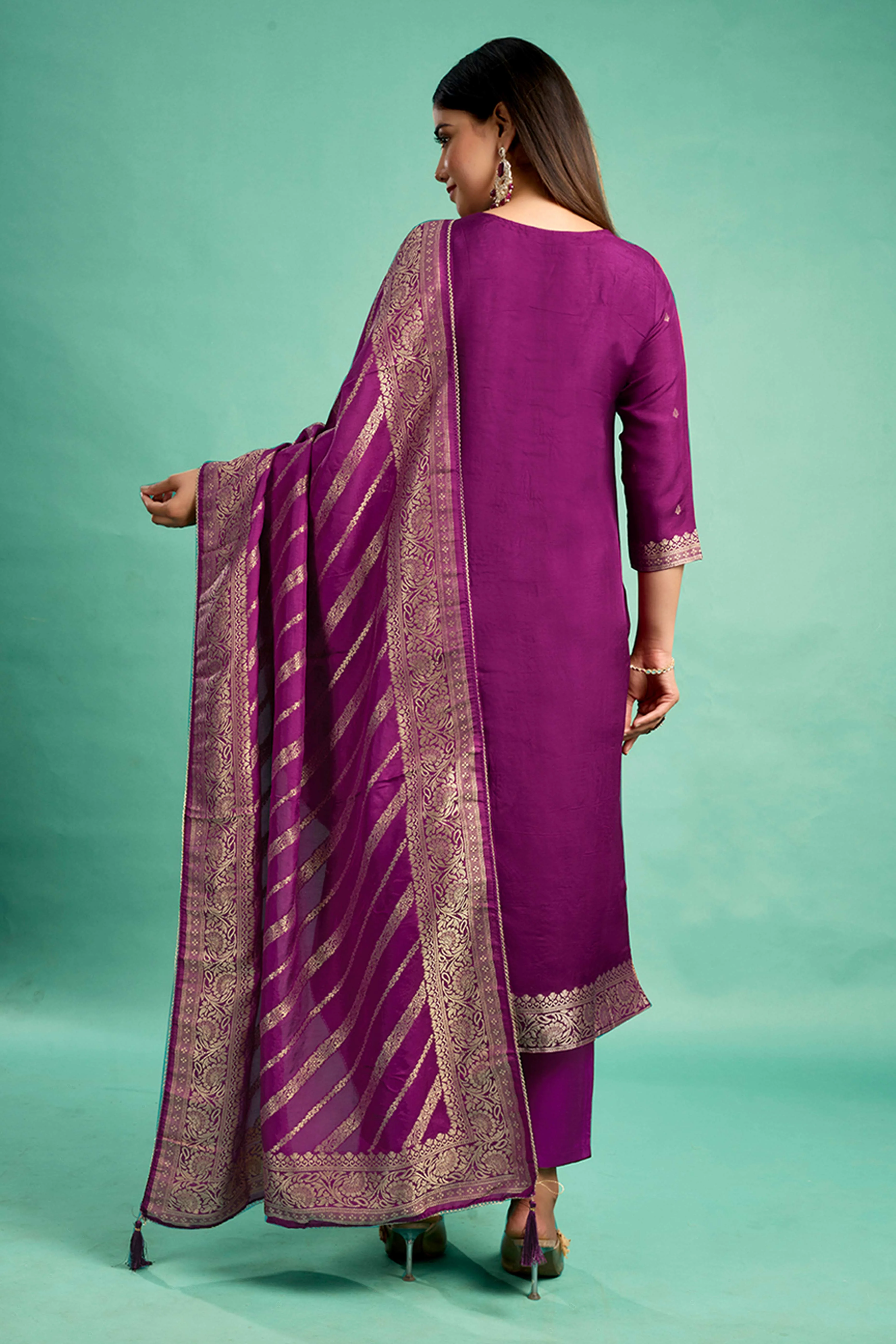Purple Handwork Embroidered Pure Dola Silk Straight Salwar Suit - Image 5