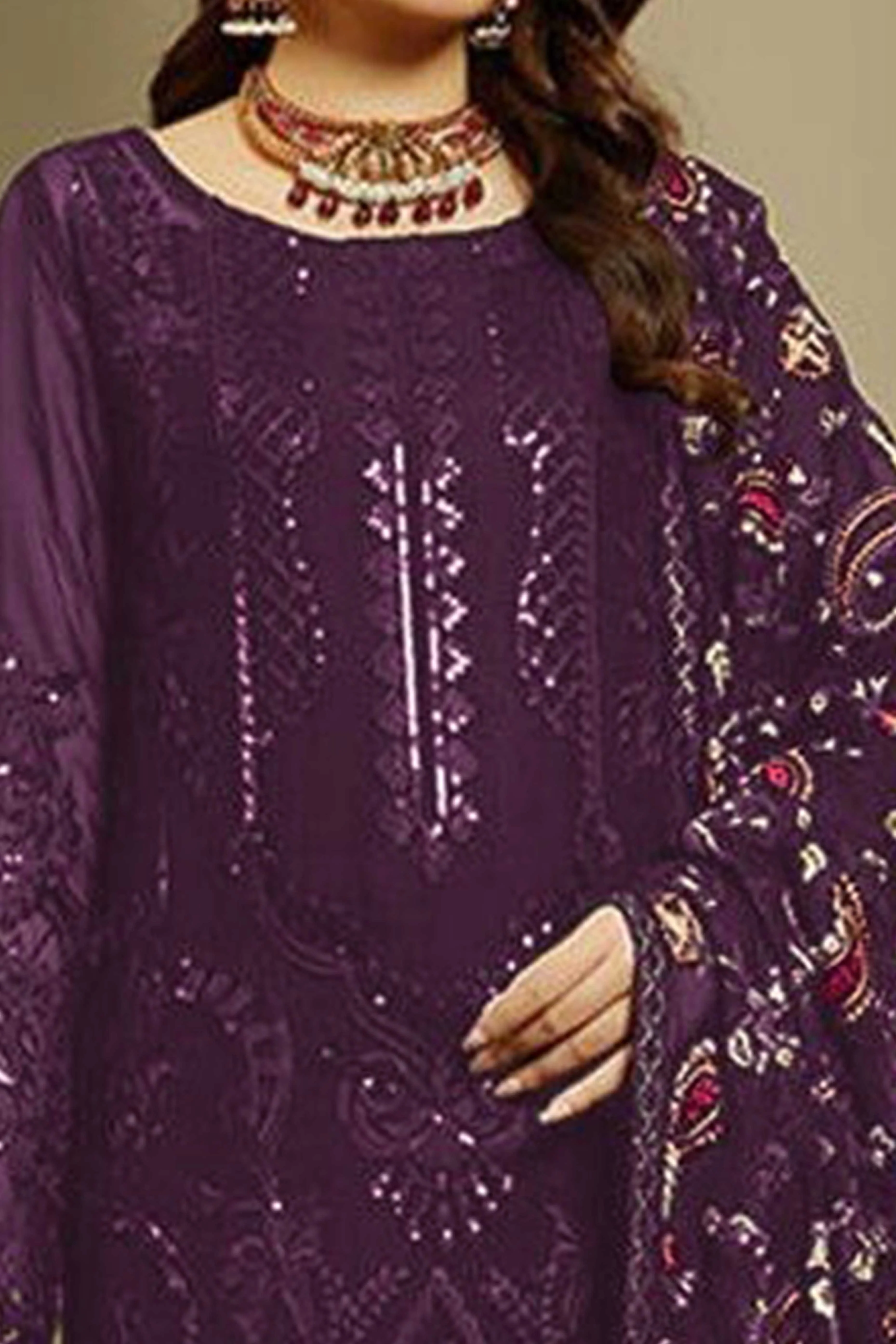 Purple Heavy Embroidered Work Georgette Dress Material - Image 2