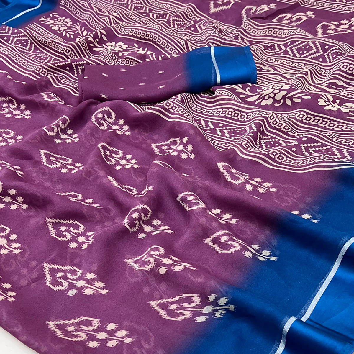 Purple Ikkat Printed Georgette Saree With Satin Border - Image 2