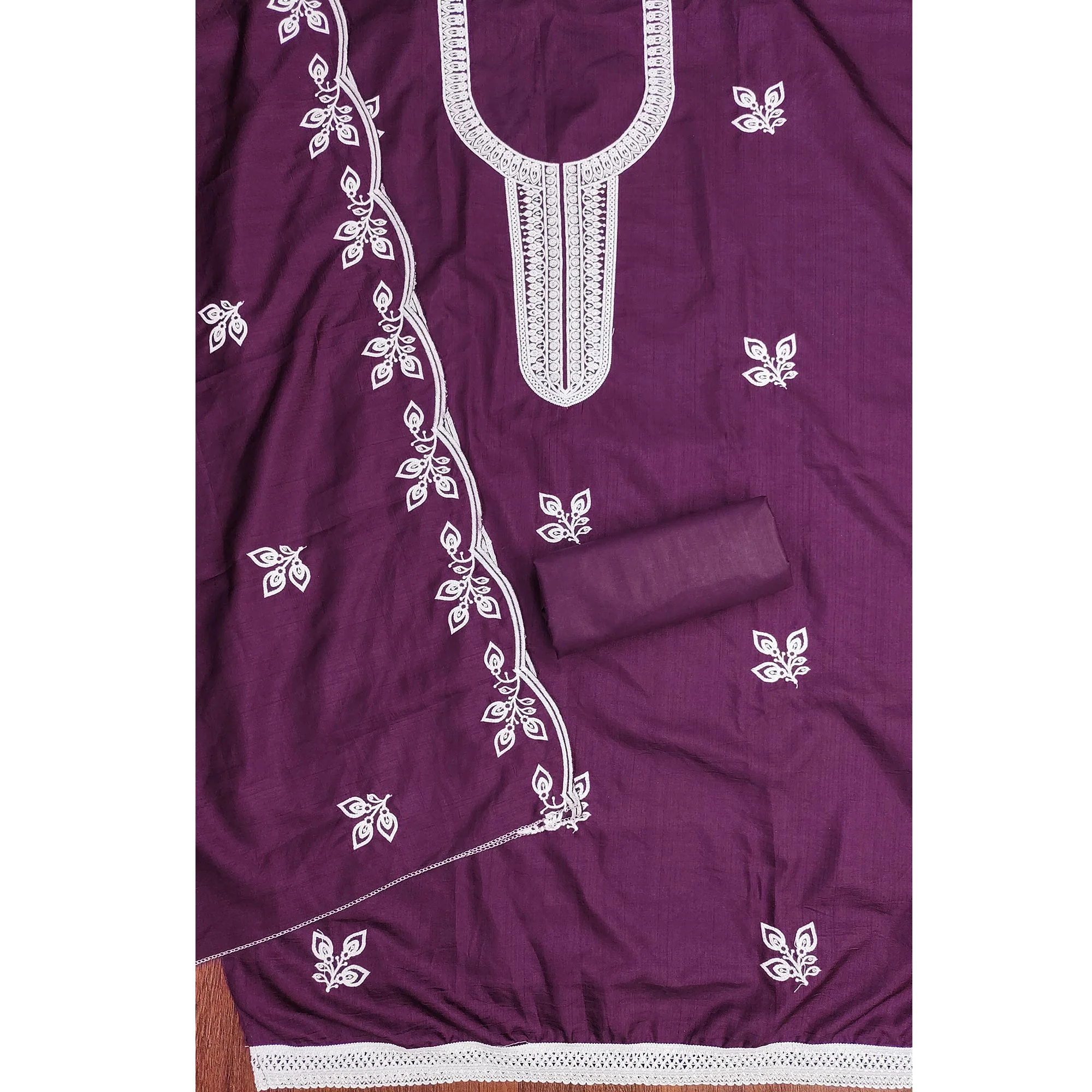 Purple Intricate Floral Embroidered Cotton Blend Dress Material - Image 4
