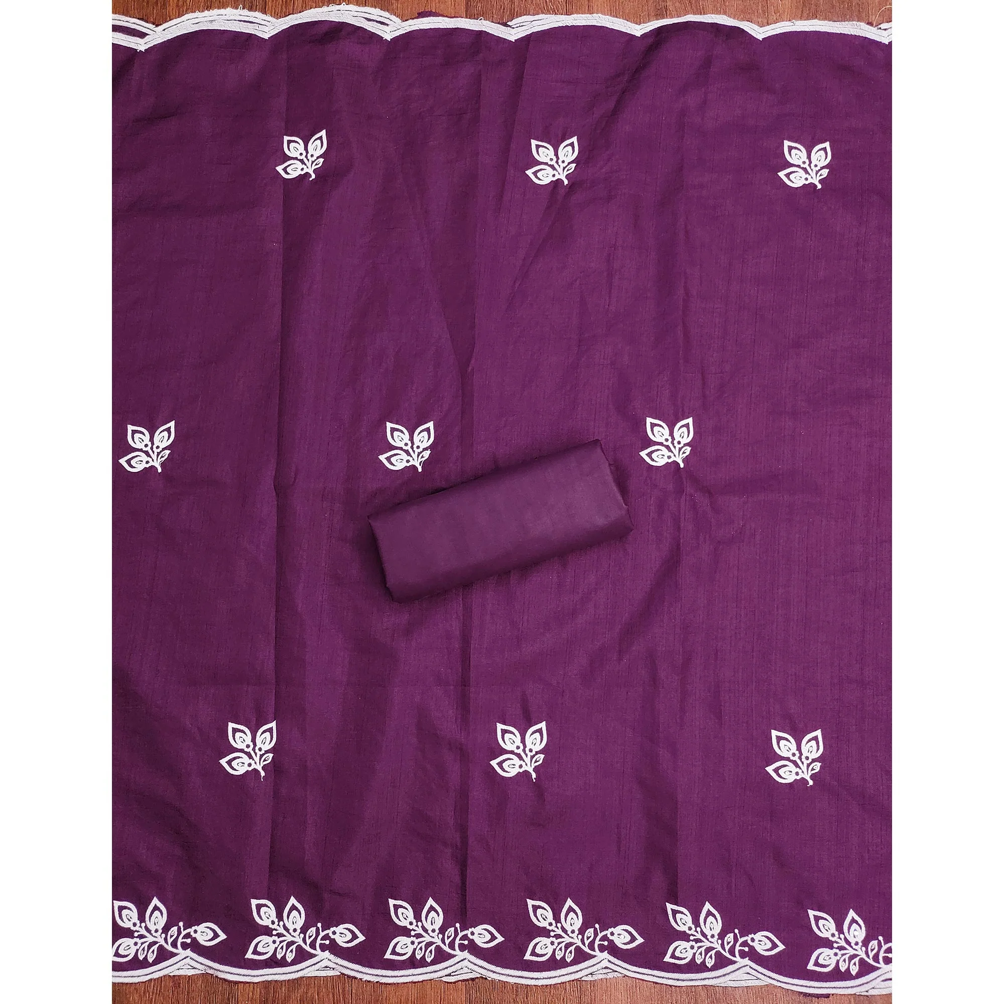Purple Intricate Floral Embroidered Cotton Blend Dress Material - Image 5