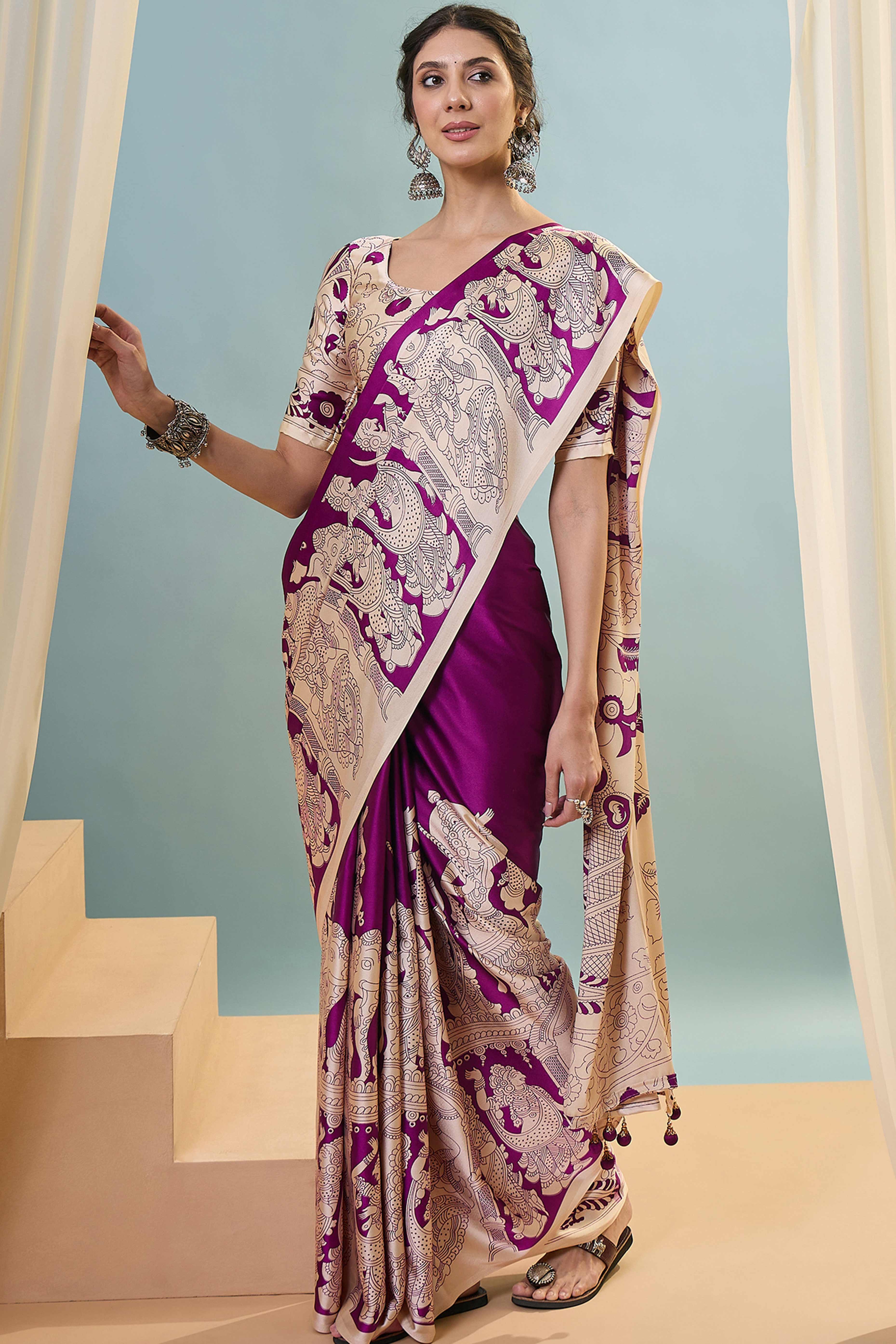 Purple Kalamkari Style Modal Satin Saree Featuring Intricate Artistic Prints - Image 3
