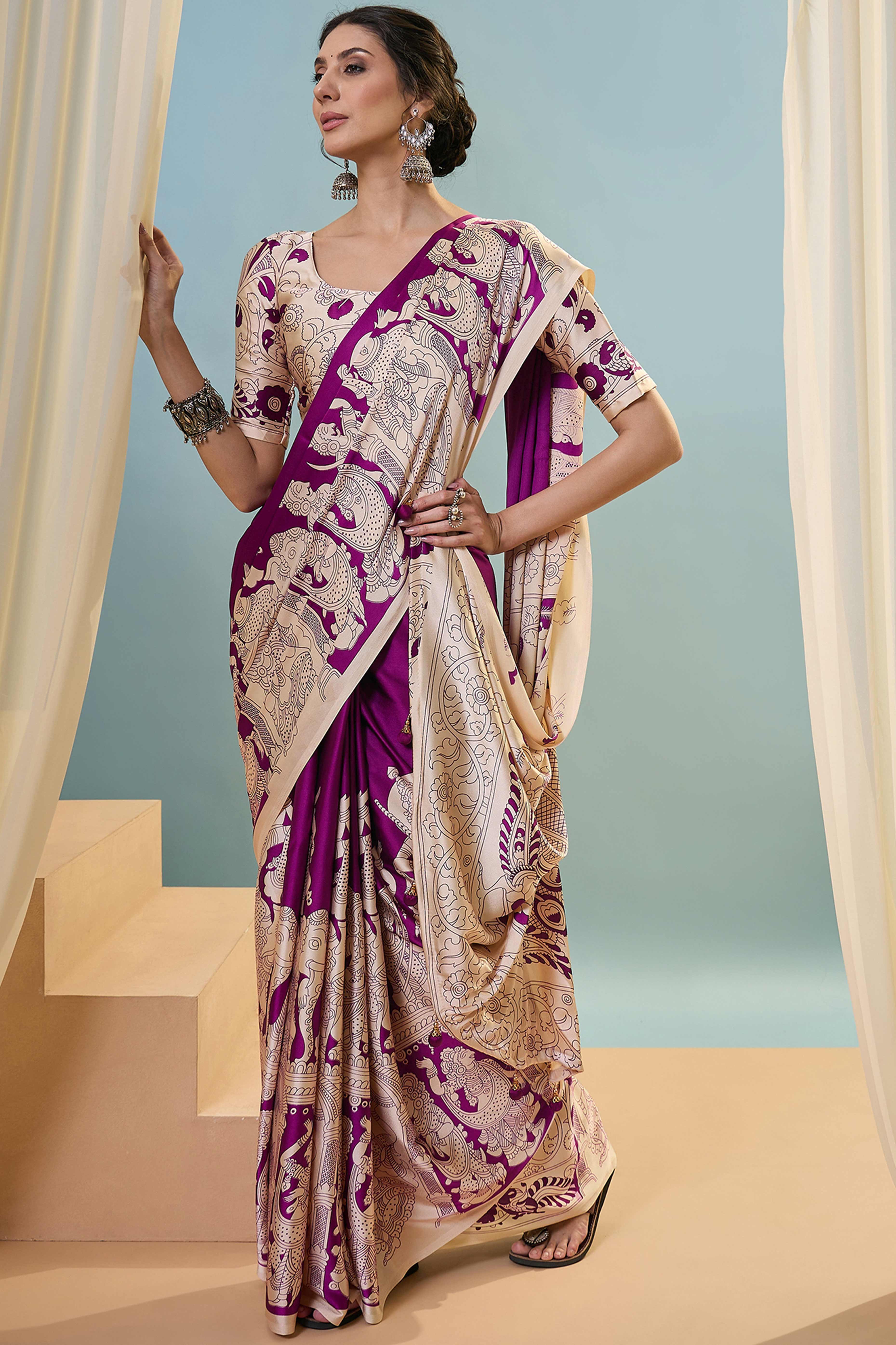 Purple Kalamkari Style Modal Satin Saree Featuring Intricate Artistic Prints - Image 4