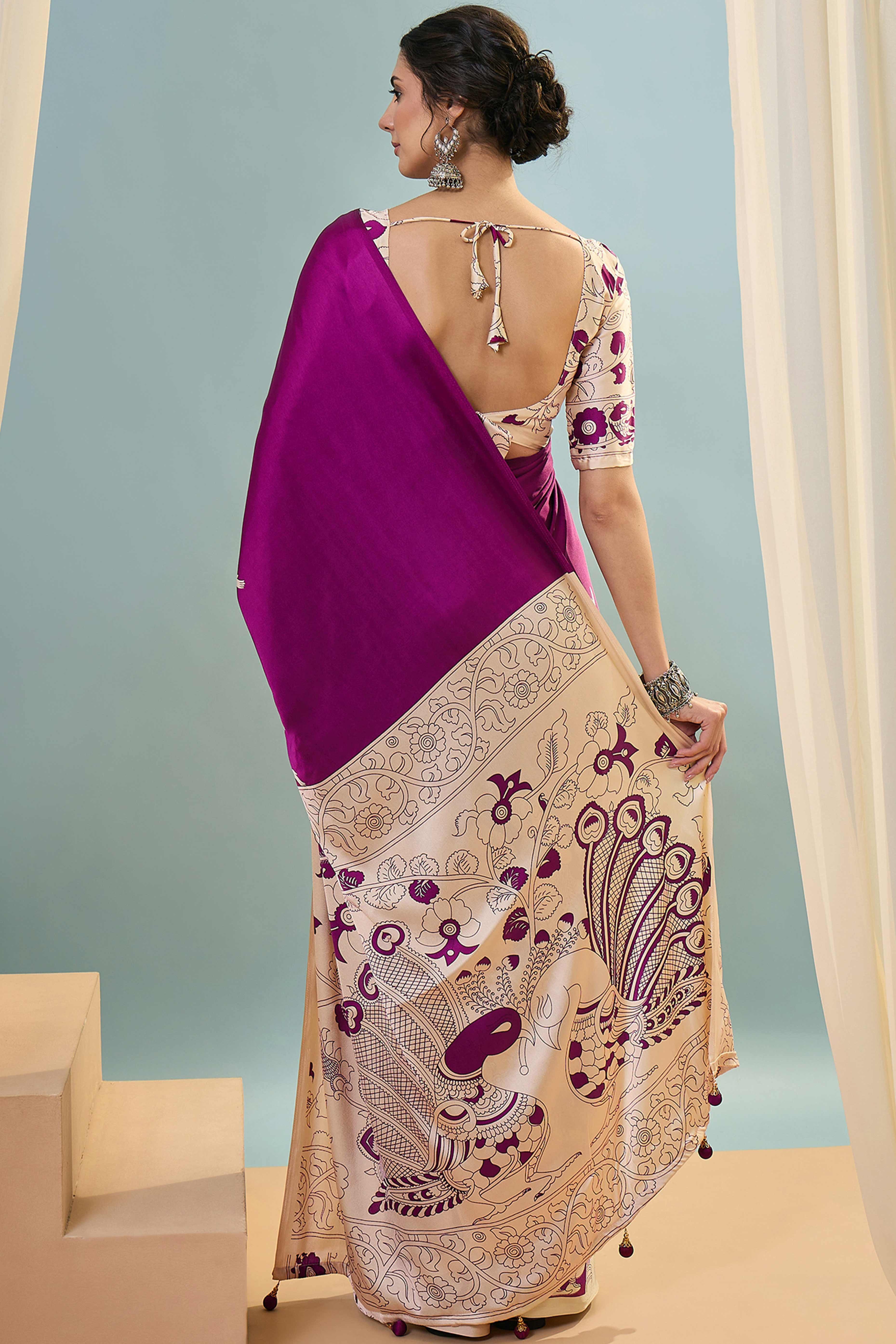 Purple Kalamkari Style Modal Satin Saree Featuring Intricate Artistic Prints - Image 5