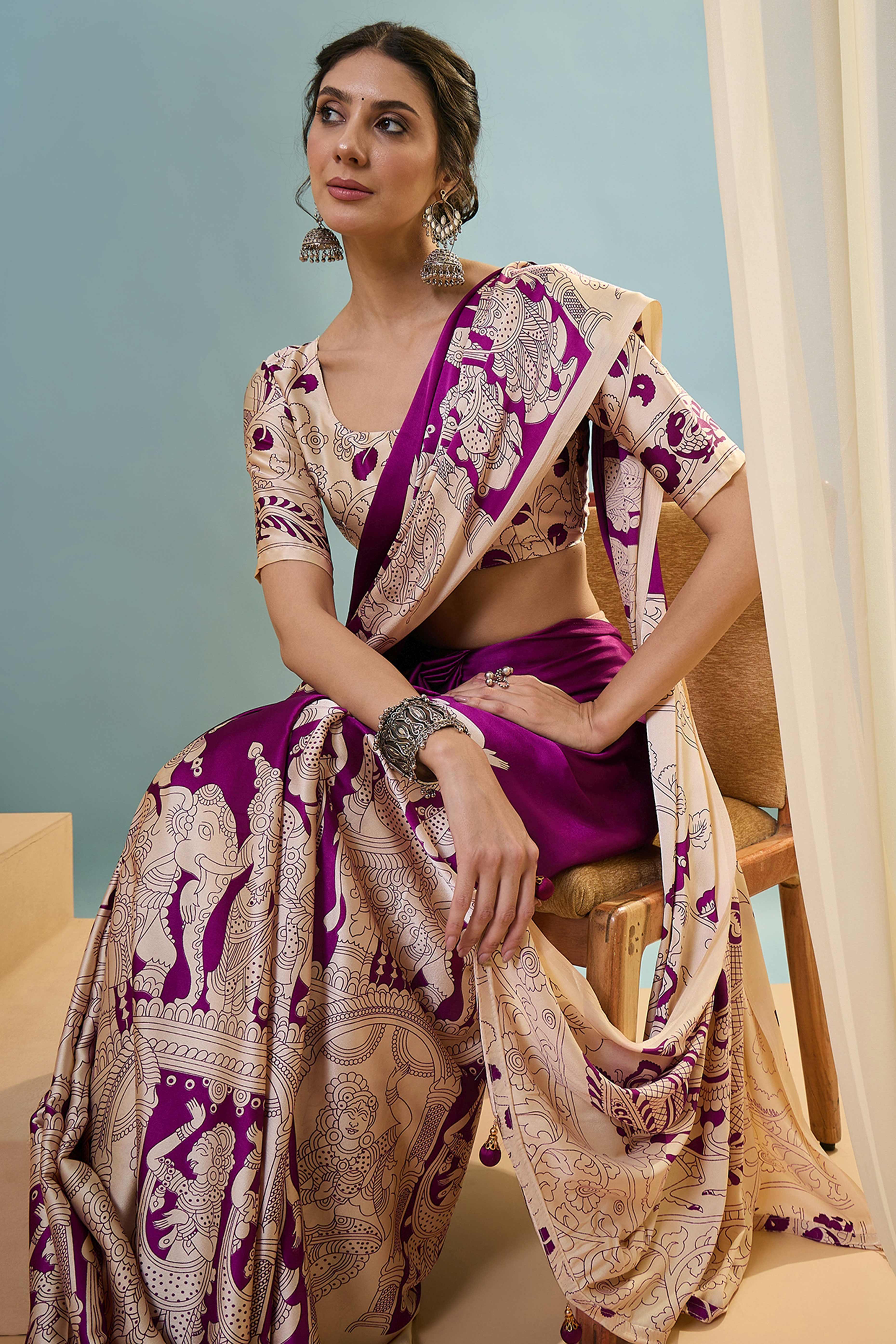 Purple Kalamkari Style Modal Satin Saree Featuring Intricate Artistic Prints - Image 6