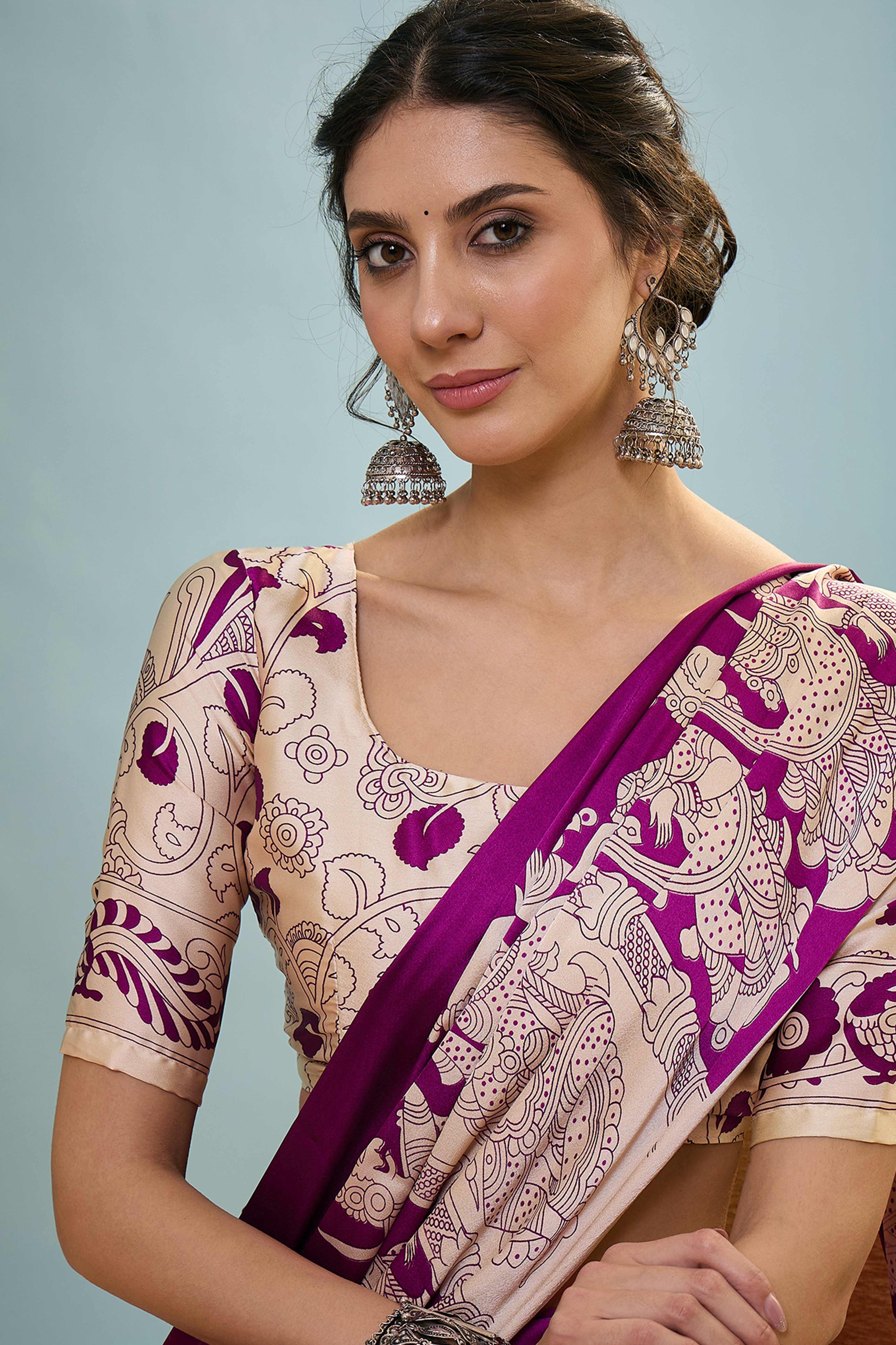 Purple Kalamkari Style Modal Satin Saree Featuring Intricate Artistic Prints - Image 7