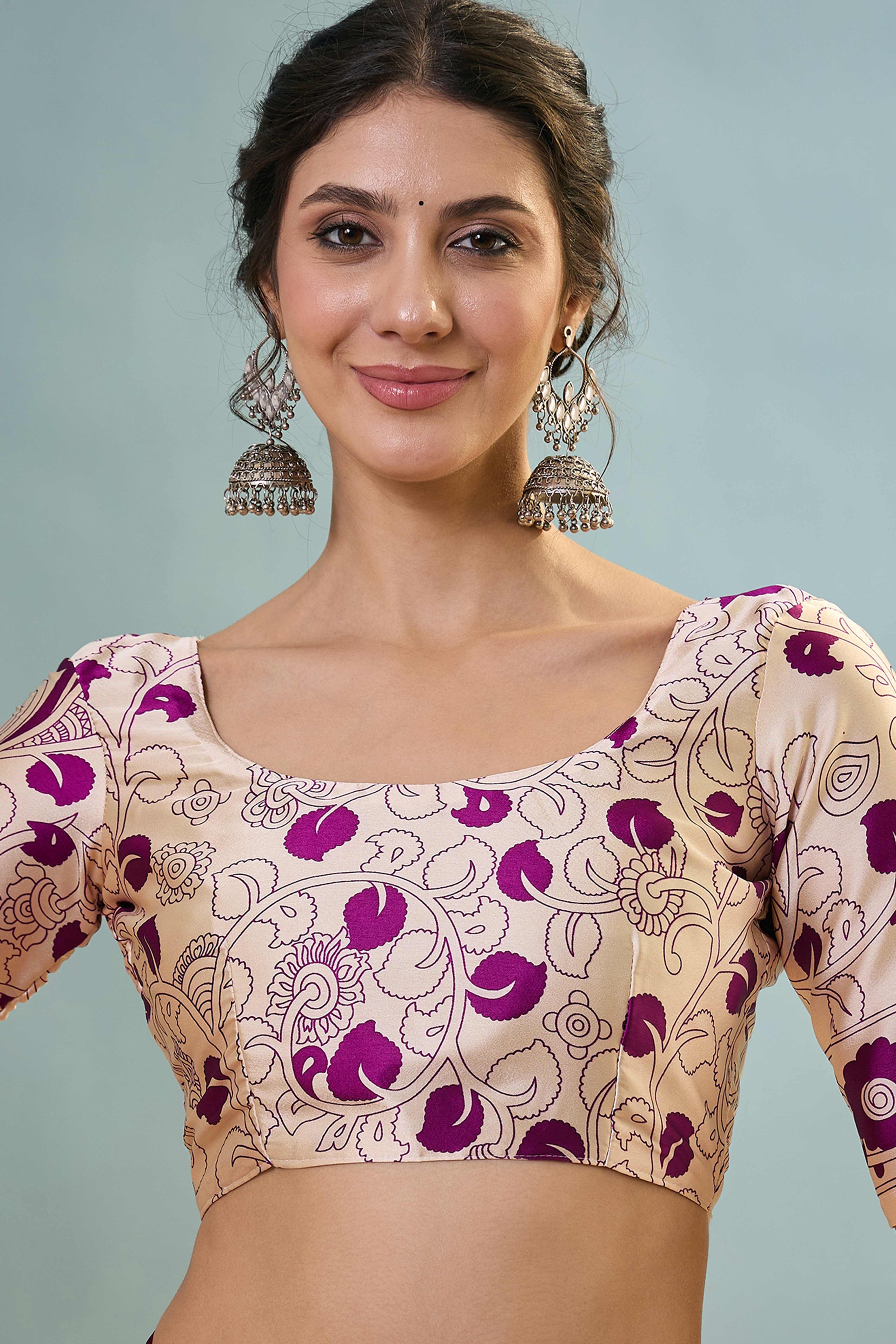 Purple Kalamkari Style Modal Satin Saree Featuring Intricate Artistic Prints - Image 8