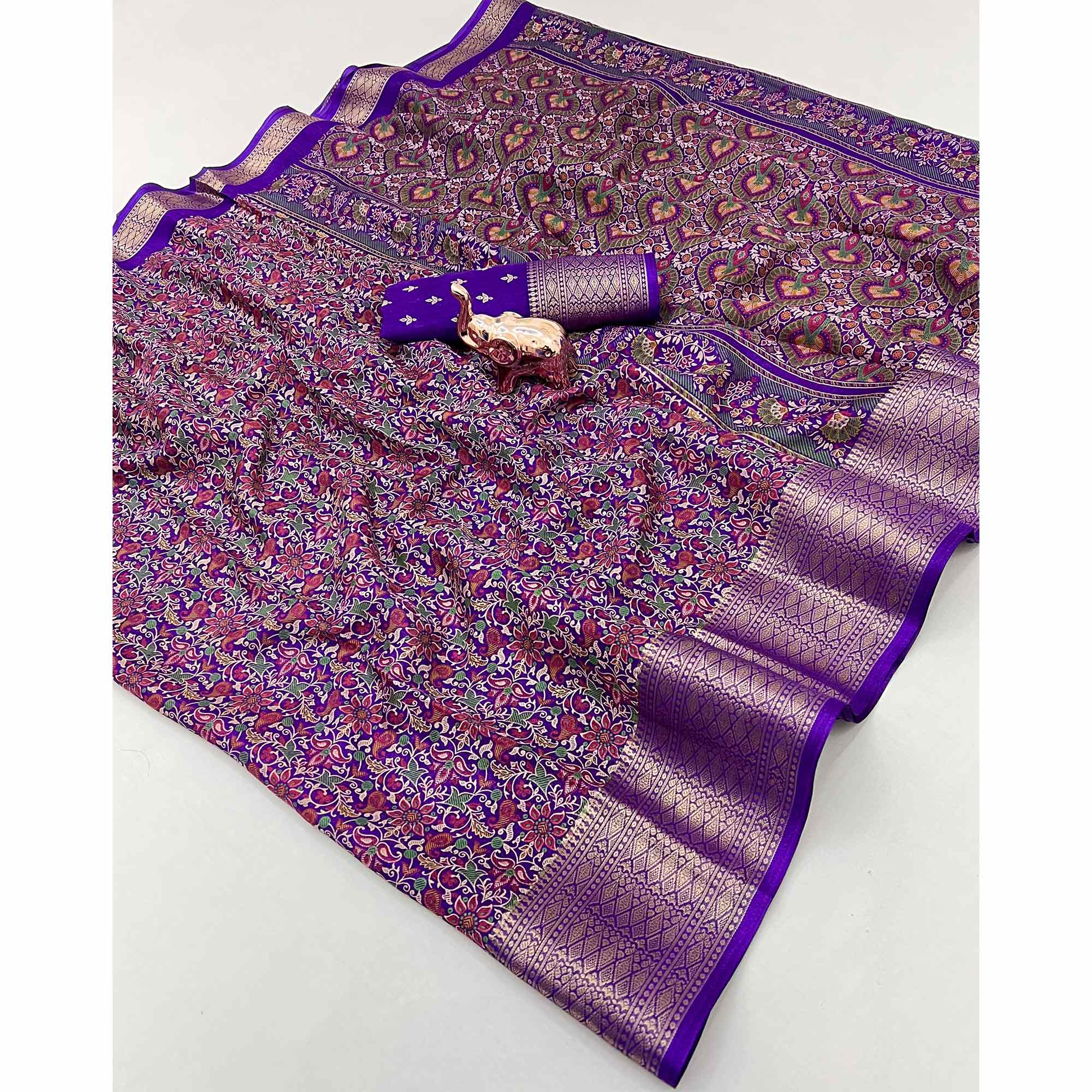 Purple Kashmiri Floral Printed Dola Silk Saree With Kalamkari Pallu & Rich Zari Weaving Border - Image 3