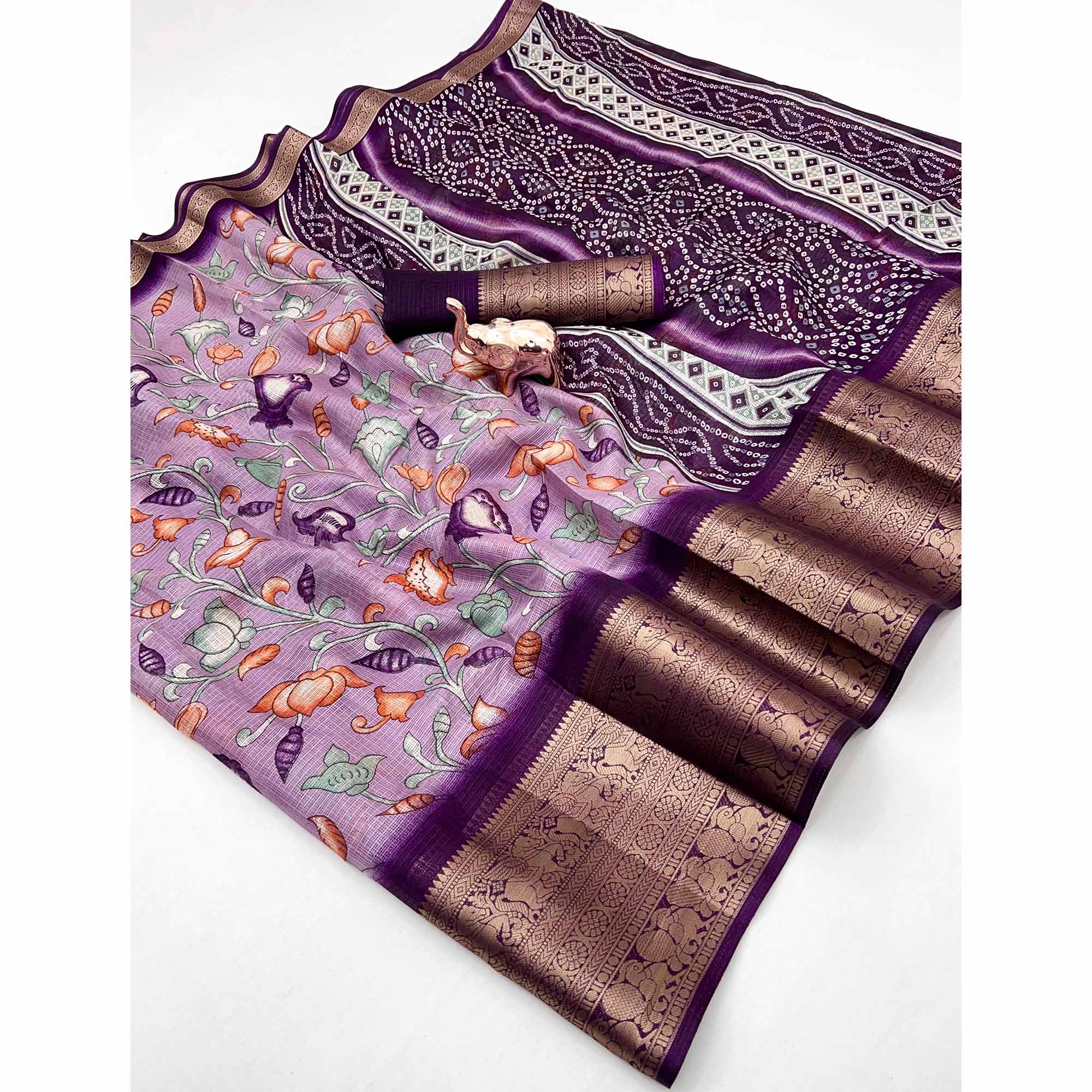 Purple Kashmiri Floral Printed Kota Doria Saree With Bandhani Pallu & Rich Zari Weaving Border - Image 3