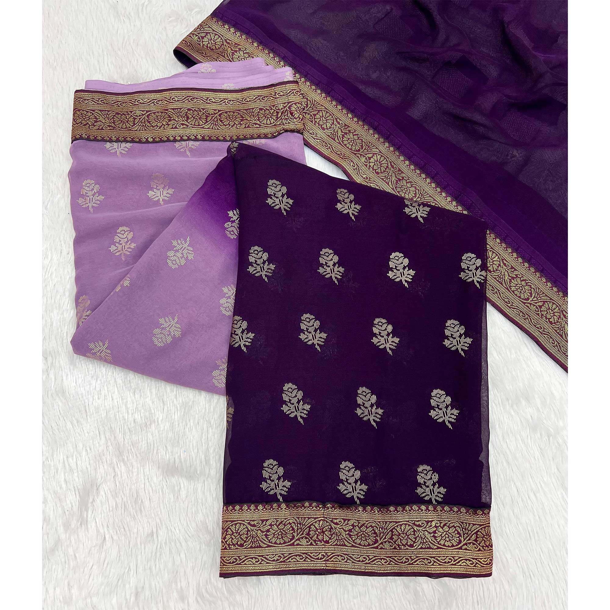 Purple & Lavender Floral Foil Printed Georgette Saree Woven Saree - Image 5