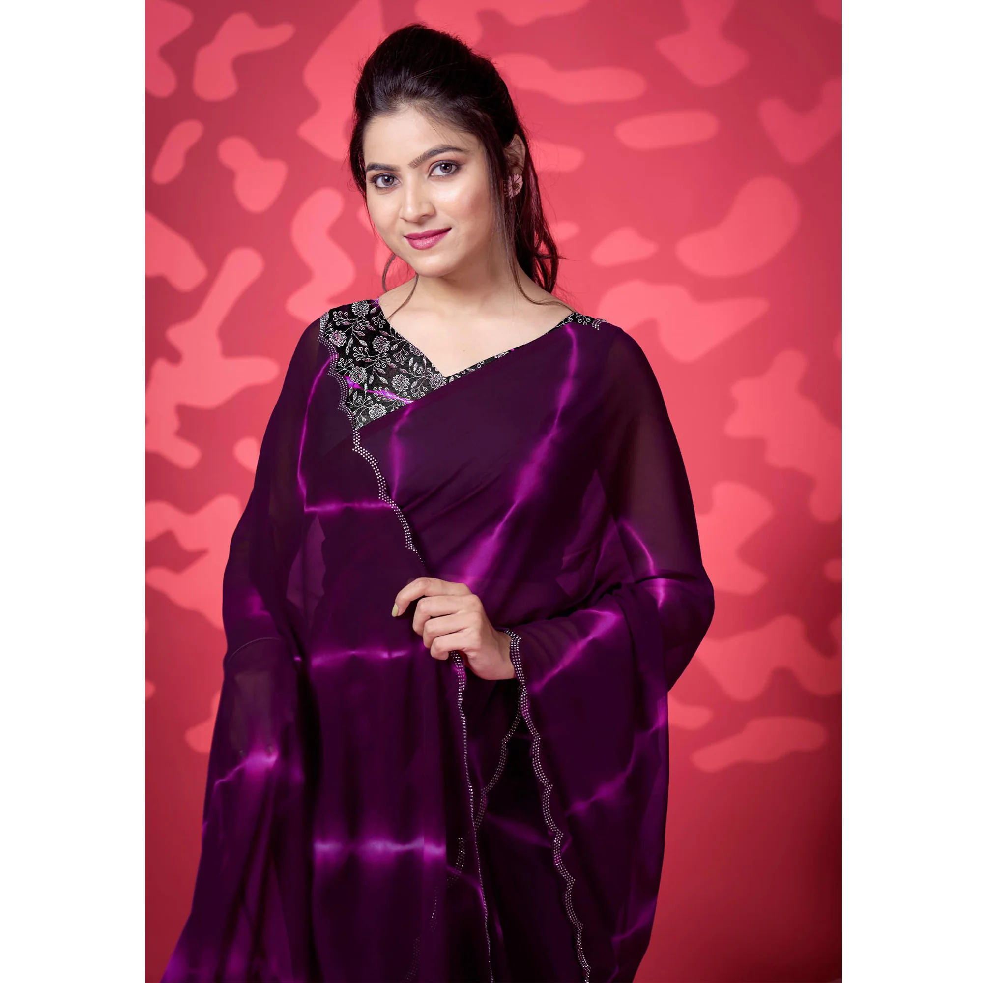 Purple Leheriya Printed Georgette Saree - Image 3