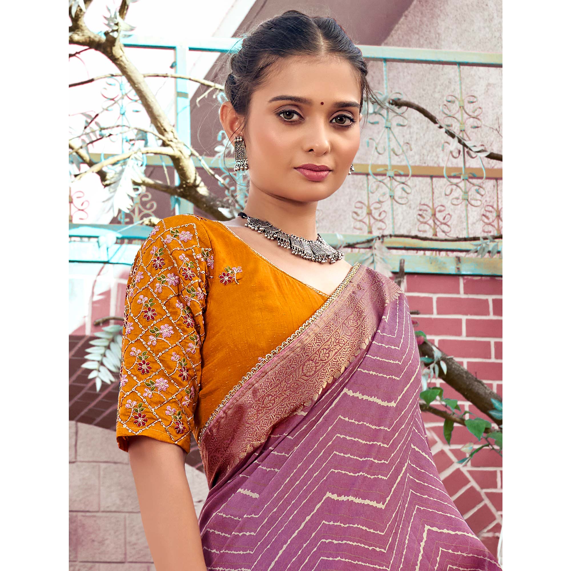 Purple Leheriya Printed Georgette Saree With Jacquard Border - Image 4
