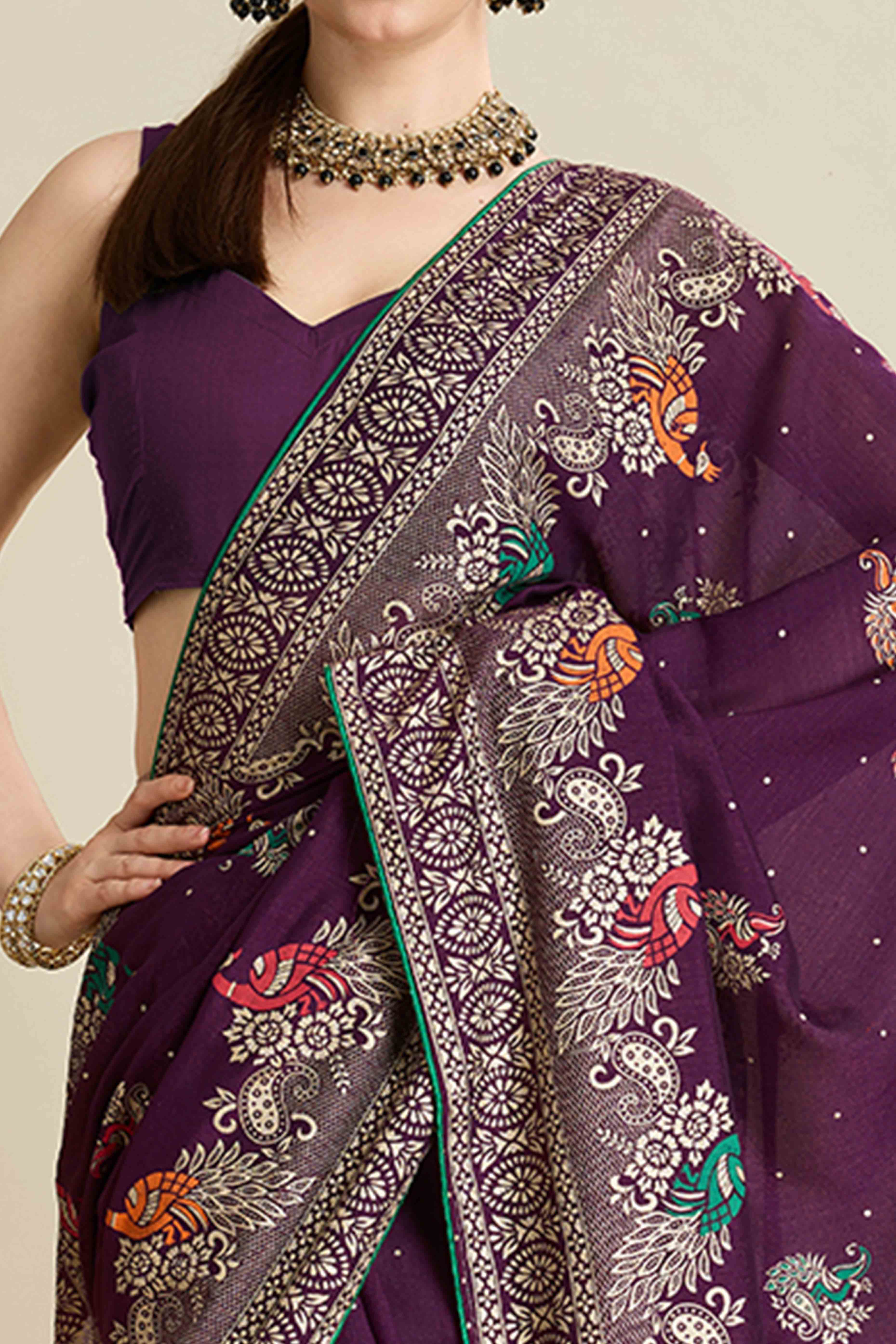 Purple Lightweight Cotton Silk Saree with Delicate Paisley Prints - Image 2